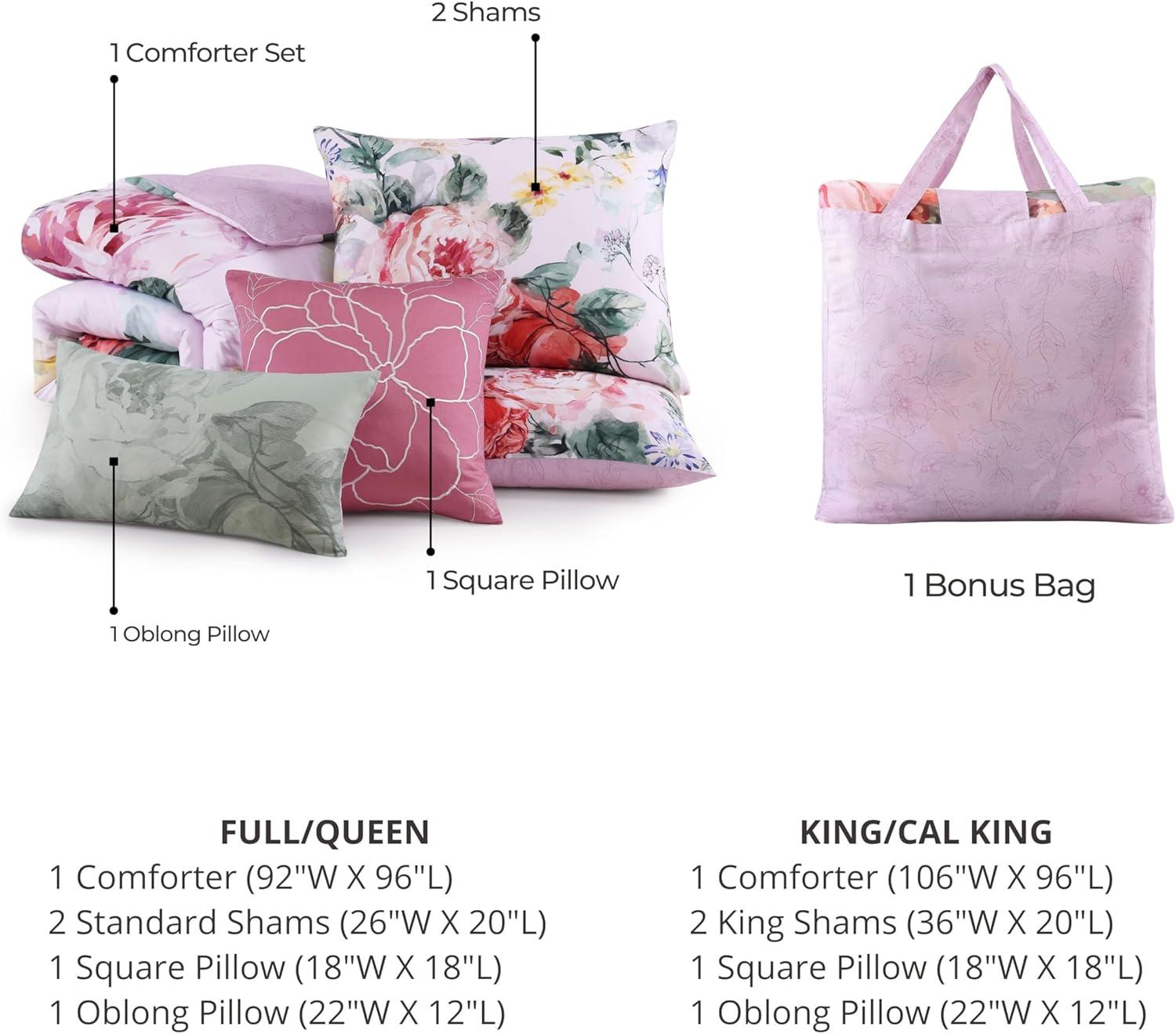 BeBeJan Bebejan Cool Pink Roses 200 Thread Count 100% Cotton Sateen 5-Piece Reversible Comforter Set