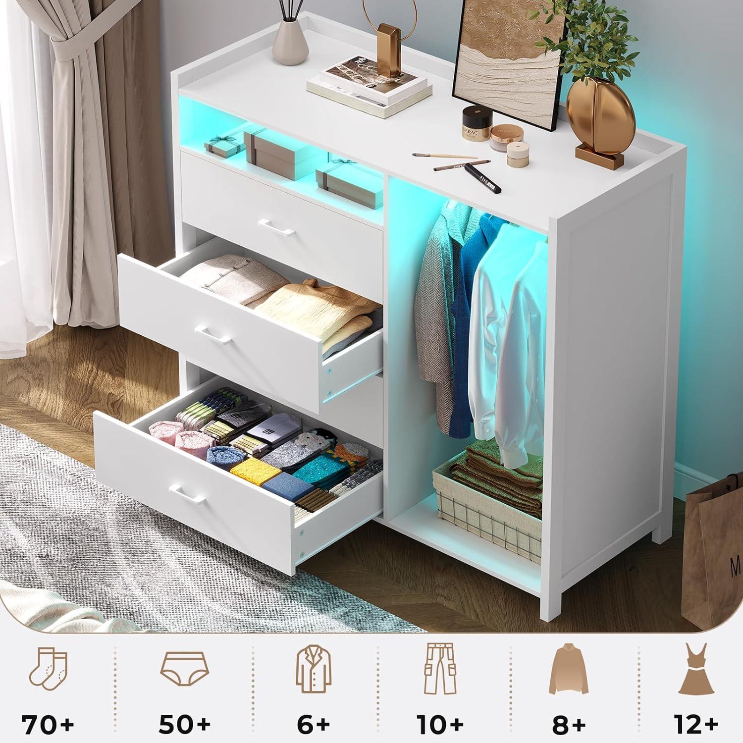 4 Drawer Dresser with Clothing Rack and LED Lights, Modern LED Dresser for Bedroom, Black