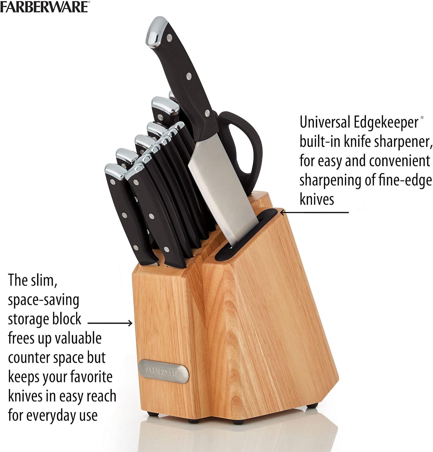 Farberware Edgekeeper Triple Riveted Slim Knife Block Set with Built in Sharpener, 14-Piece, Black