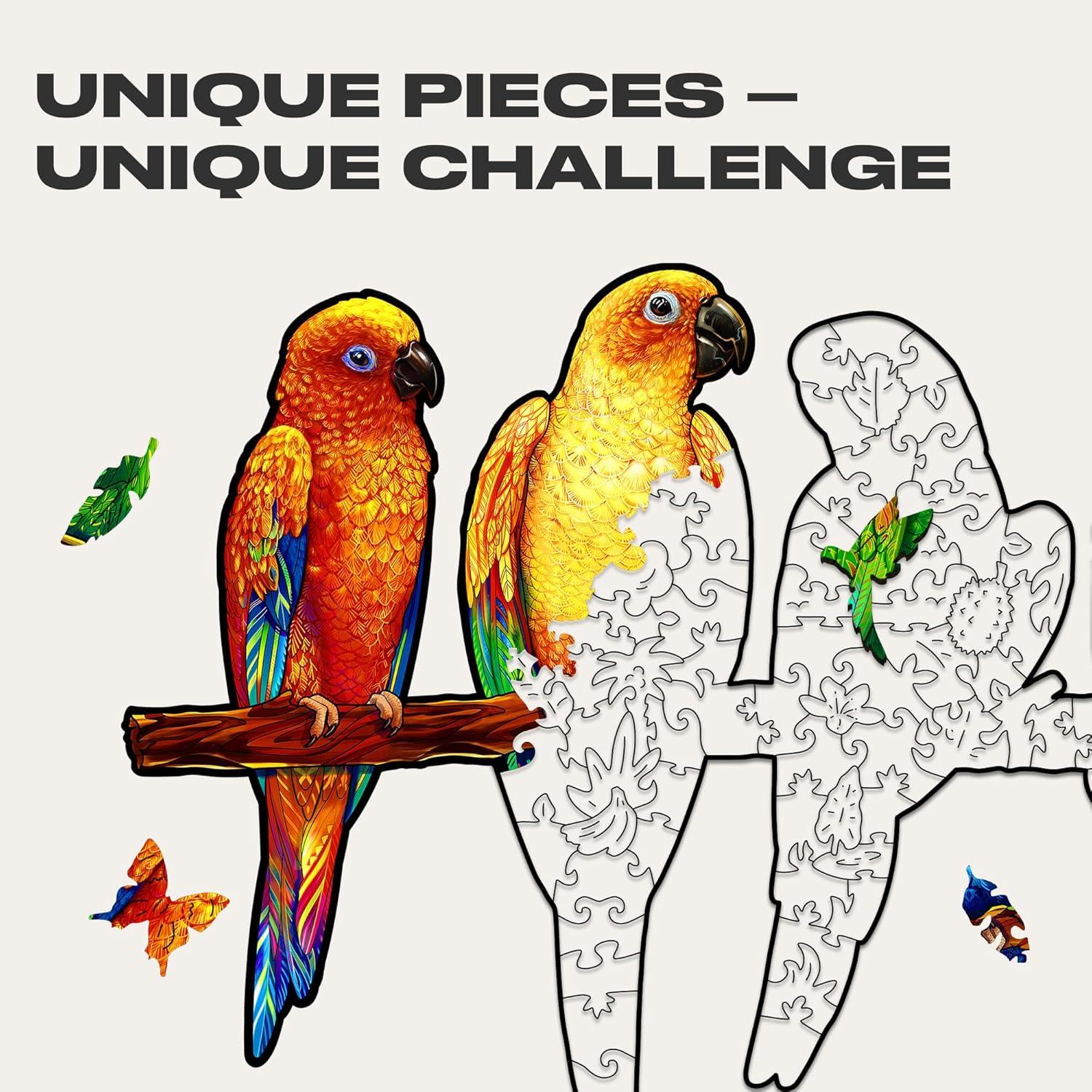 UNIDRAGON Original Wooden Jigsaw Puzzles - Playful Parrots, 104 pcs, Small 13"x7.5", Beautiful Gift Package, Unique Shape Best Gift for Adults and Kids