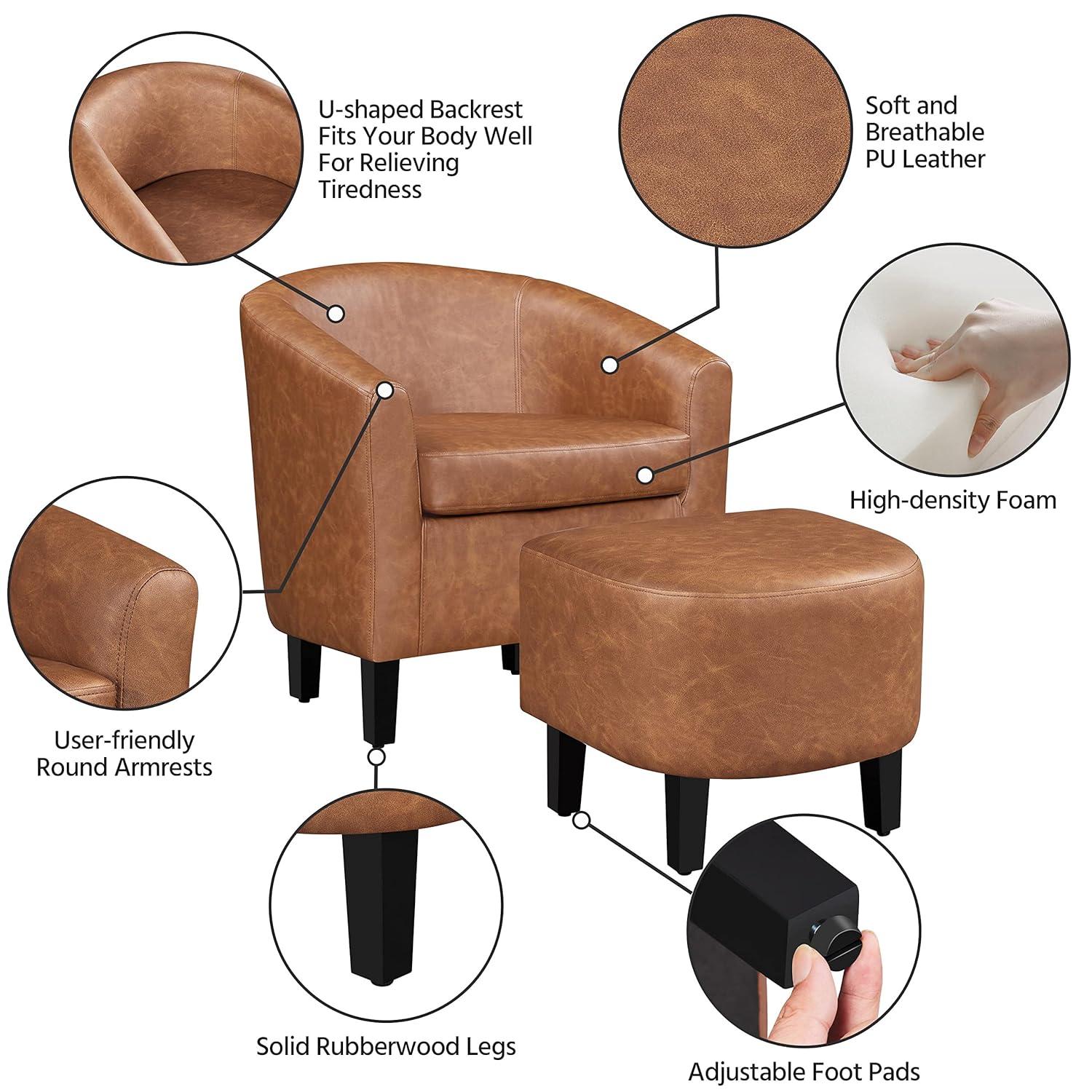 Topeakmart Faux Leather Club Accent Chair and Ottoman Set for Living Room, Brown
