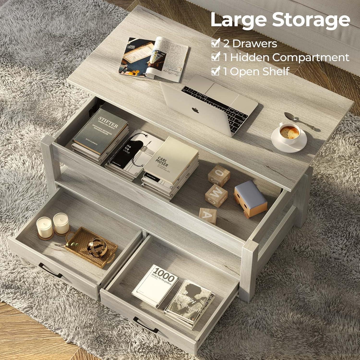 Gray Wood Lift-Top Coffee Table with Storage Drawers