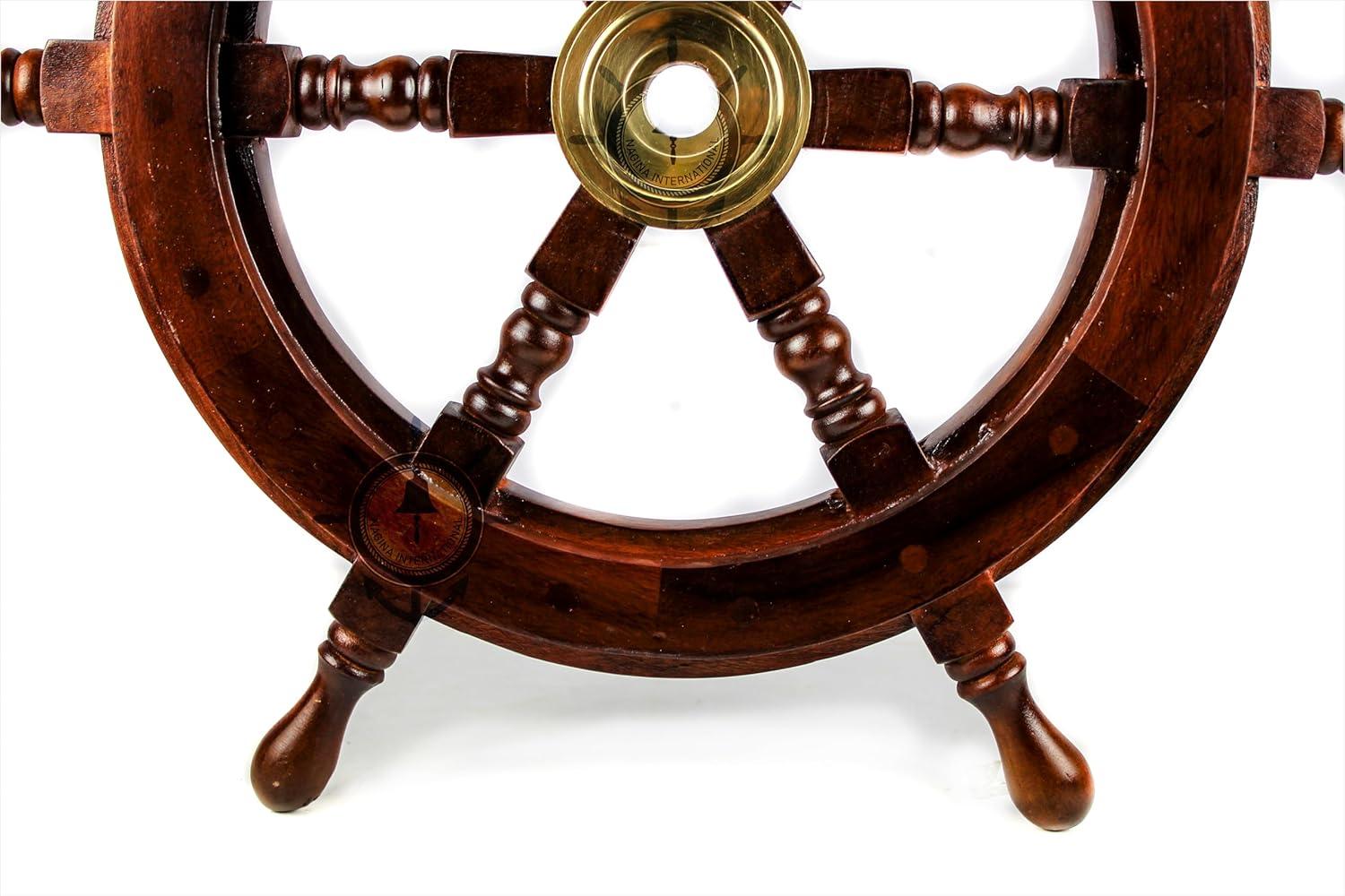 24" Dark Rosewood and Brass Nautical Ship Wheel Decor