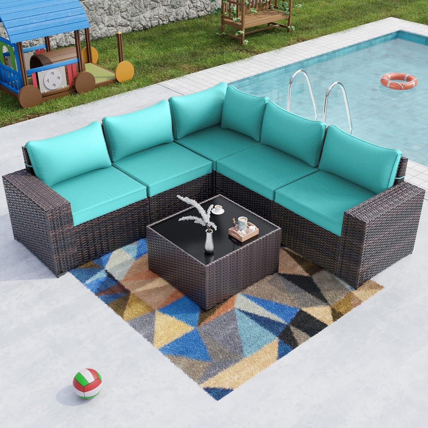 5-Piece Brown Steel Frame Outdoor Sectional Sofa with Blue Cushions