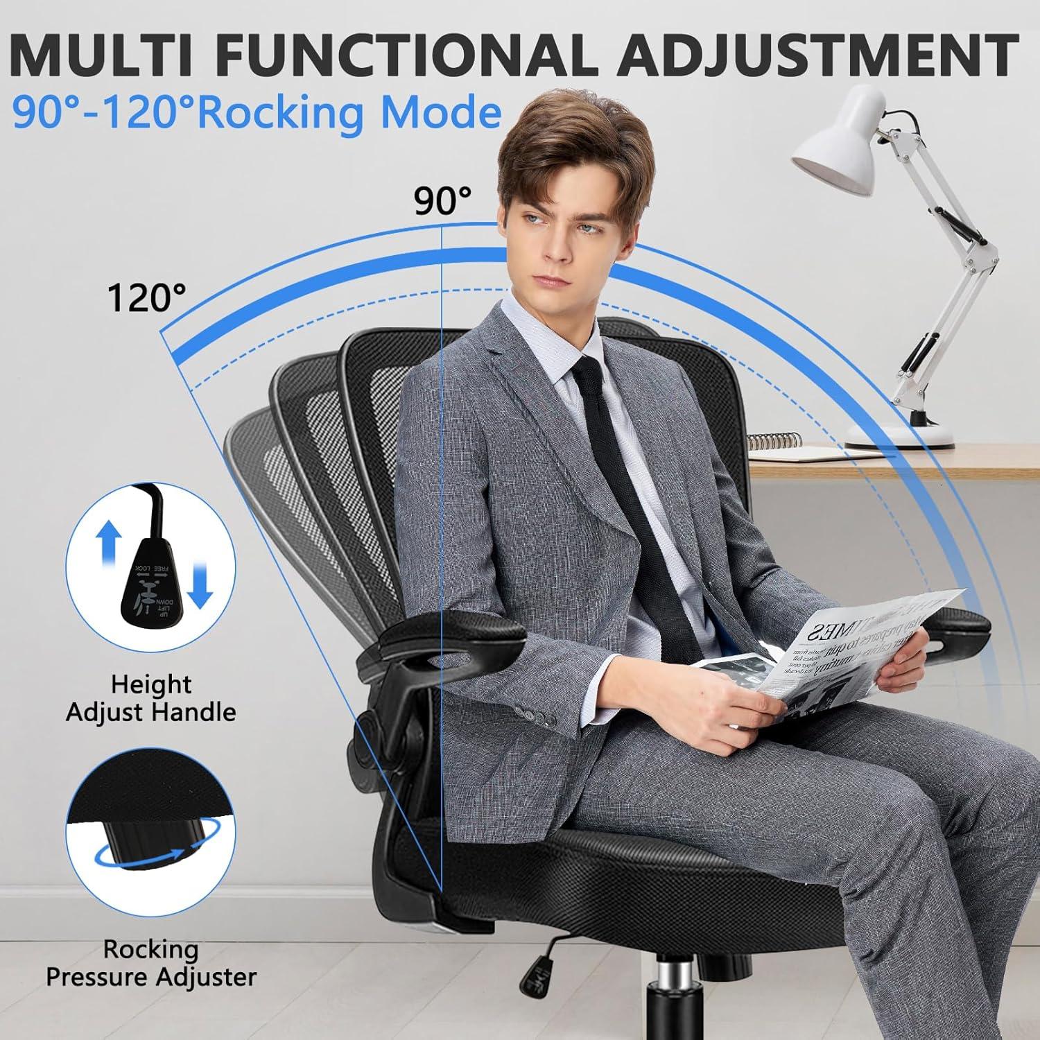 Clatina KLASIKA Ergonomic Office Desk Chair Mesh Back Flip Up Armrests Adjustable Height and Lumbar Support Swivel Chairs with Wheels