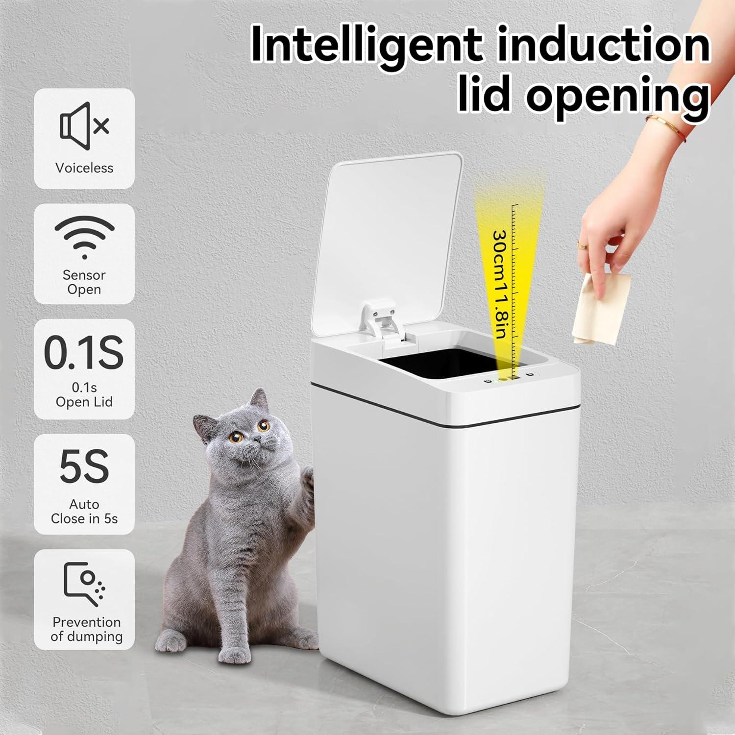 FEIYAN Automatic Bathroom Trash Can 2.6 Gallon Touchless Garbage Cans With Lid 2 Pack Small Slim Motion Sensor Smart Trash Bin For Bedroom, Bathroom, Office, Kitchen, Living Room, White | Wayfair