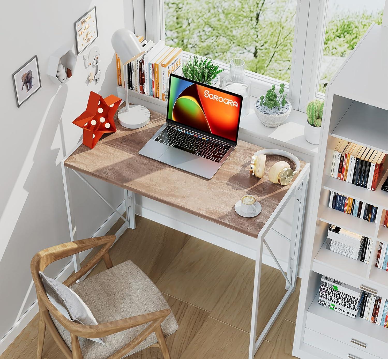 Coavas Folding Desk 31.5 inch Foldable Small Portable Computer Desks, Spaces Saving Writing Sturdy Table for Bedroom, Home Office, Dorm, Apartment, Pre Assembled, Oak