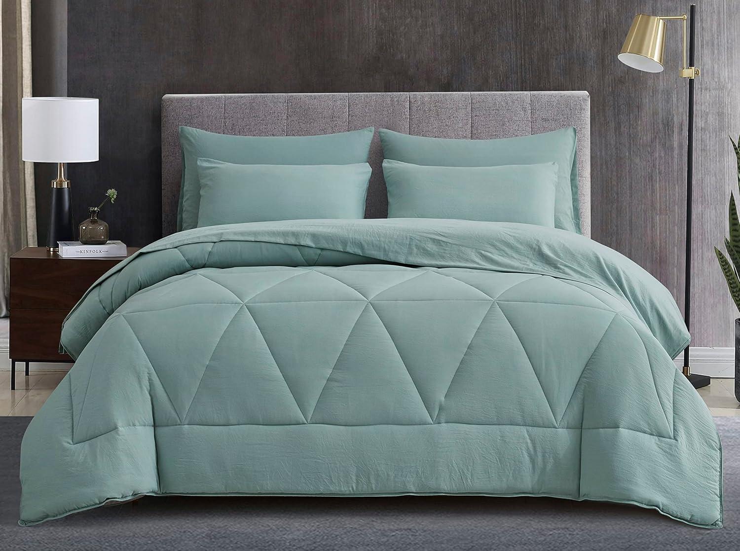 Chezmoi Collection Jasper 7-Pieces Bed in a Bag Comforter Set with Sheets, Geometric Triangle Quilted Double Brushed Microfiber Lightweight All Season Bedding Set, Full, Aqua