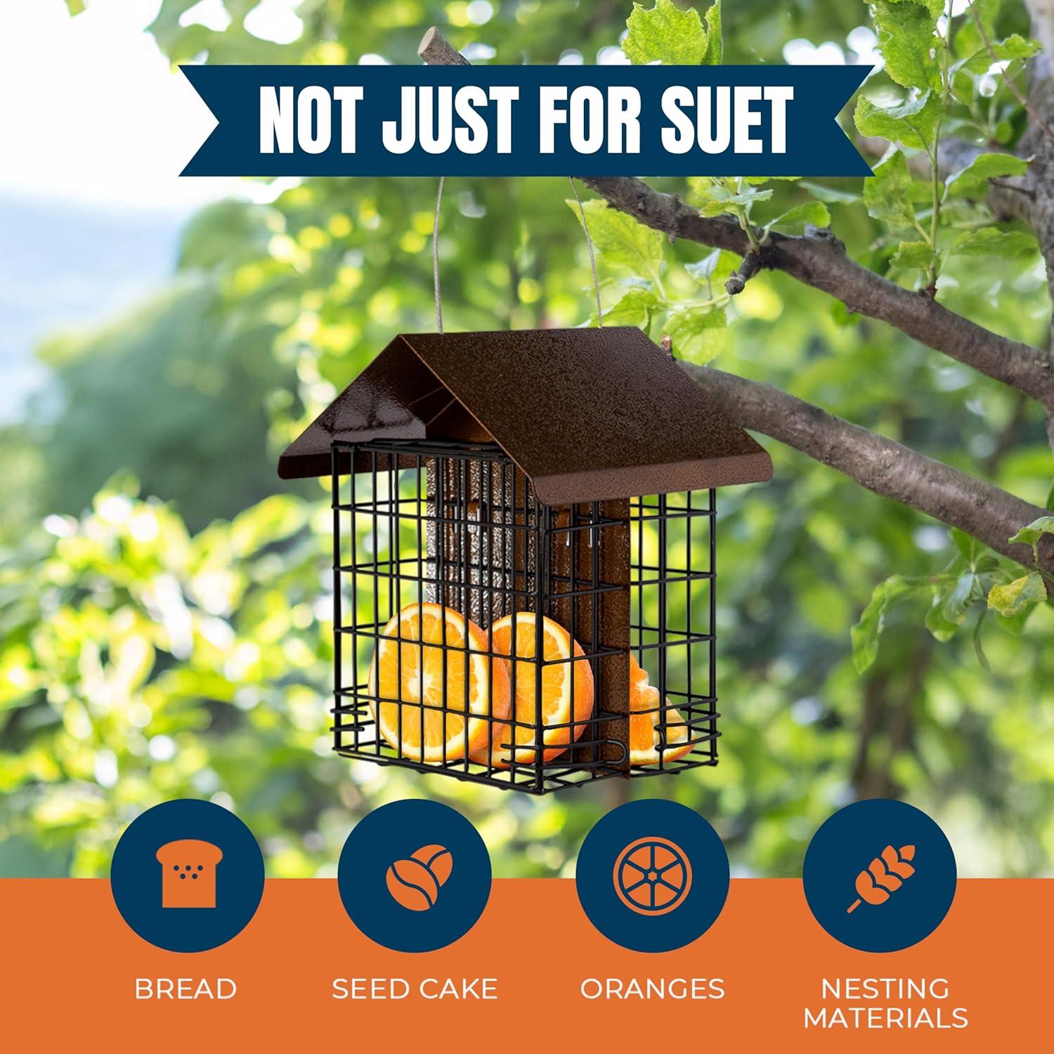 MEKKAPRO Suet Feeder with Hanging Metal Roof, Two Suet Capacity.