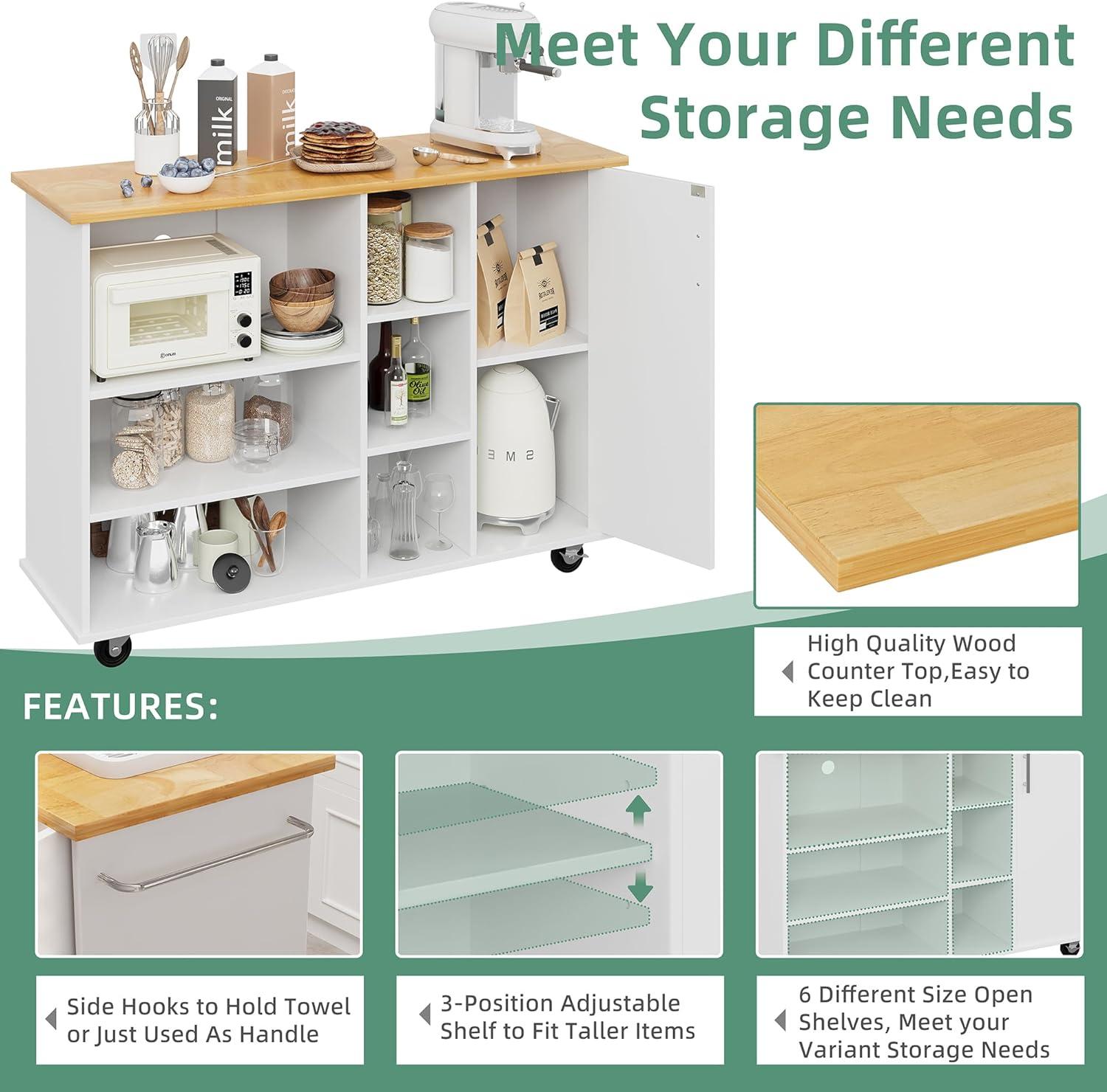 Sobaniilo Small Kitchen Island on Wheels with 3-Tier Side Spice Rack and Rubber Wood Top, Trolley Cart with Storage Cabinet & Drawer and Handle/Towel Rack, White