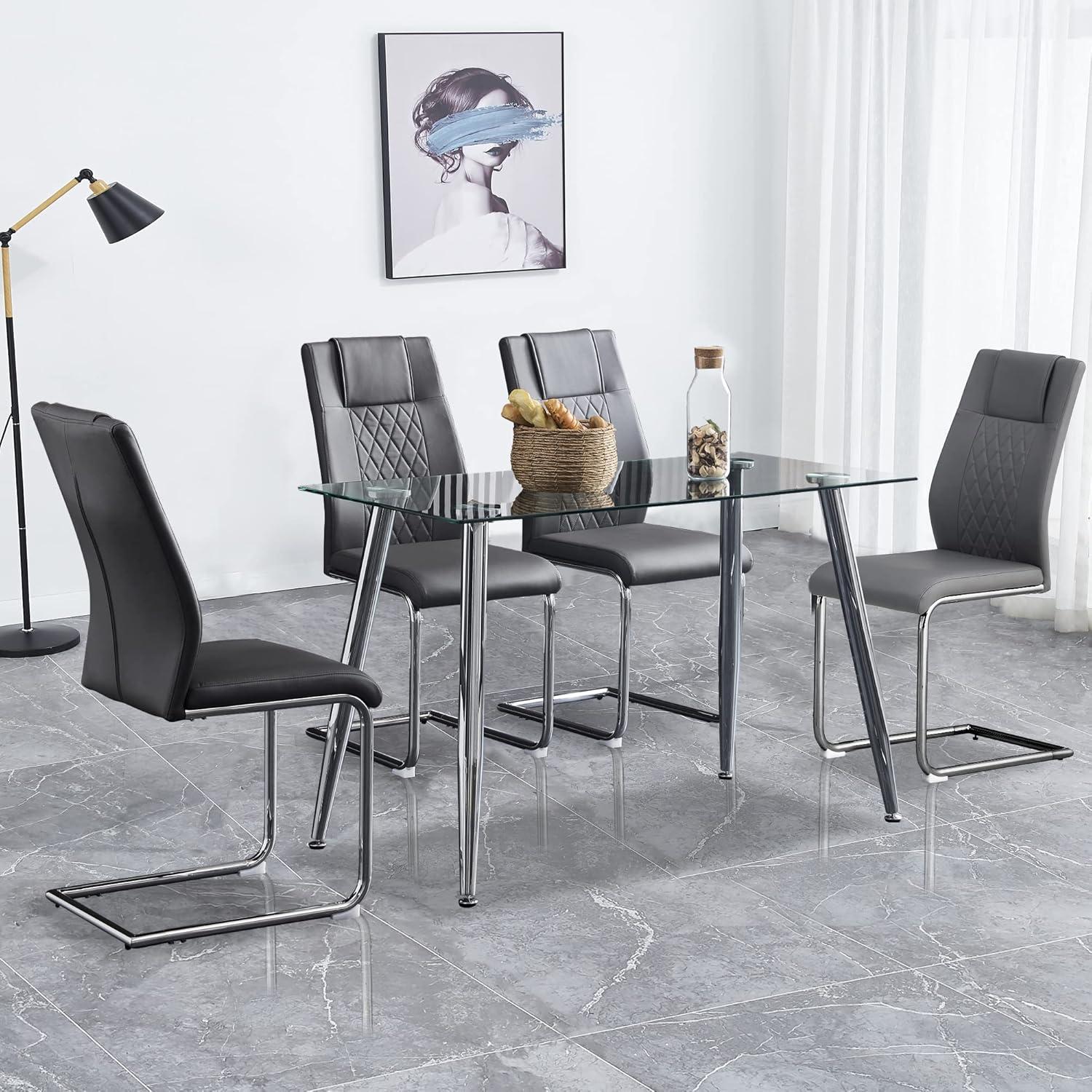 Grey Faux Leather Upholstered Side Chair with Metal Legs, Set of 6