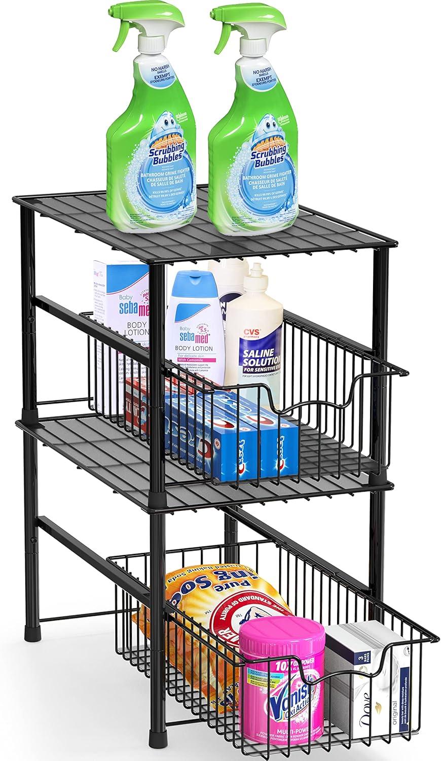 SimpleHouseware Stackable Under Sink Cabinet Sliding Basket Organizer Drawer, Black