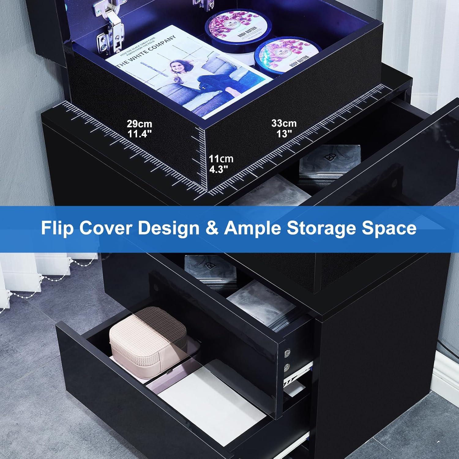 White High Gloss 3-Drawer Nightstand with LED Lights