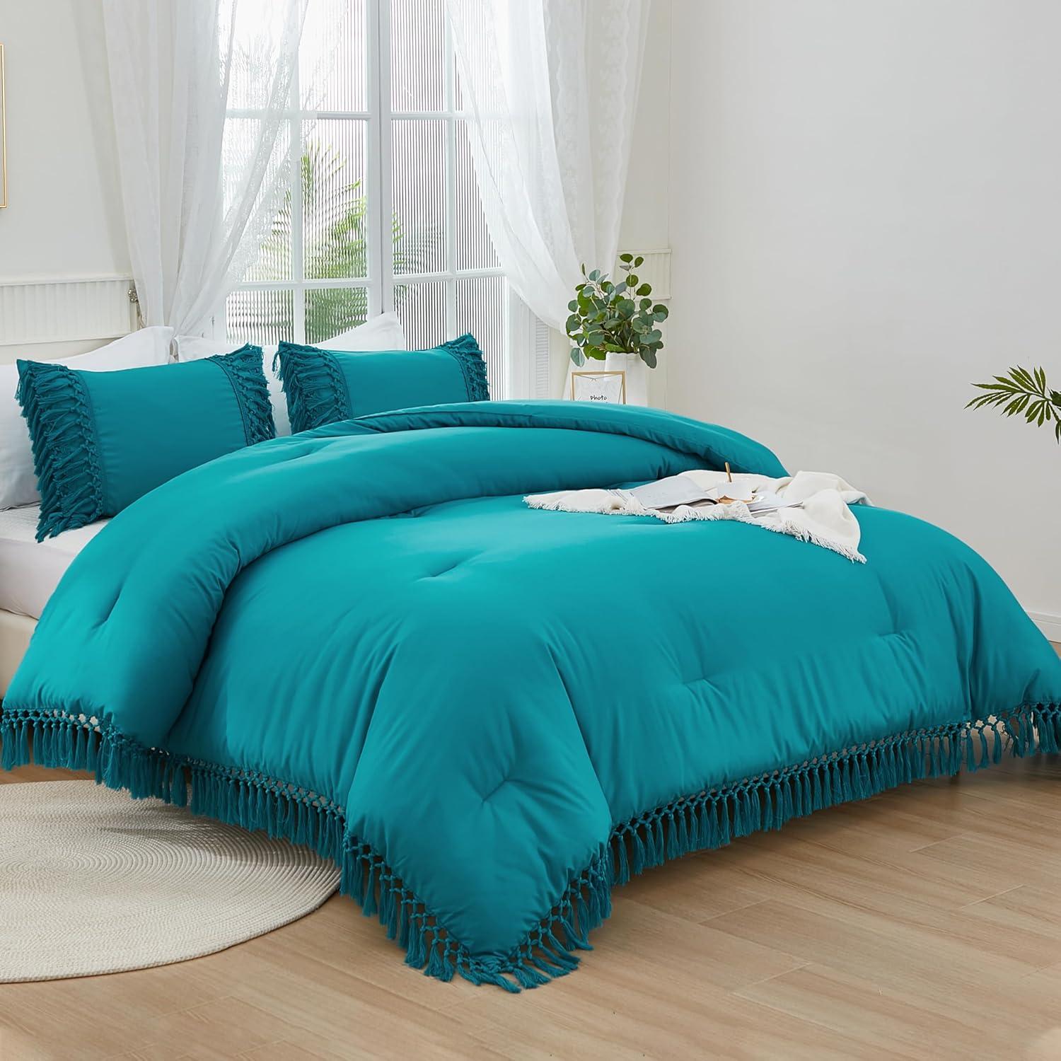 Turquoise King Boho Tassel Comforter Set with Pillowcases