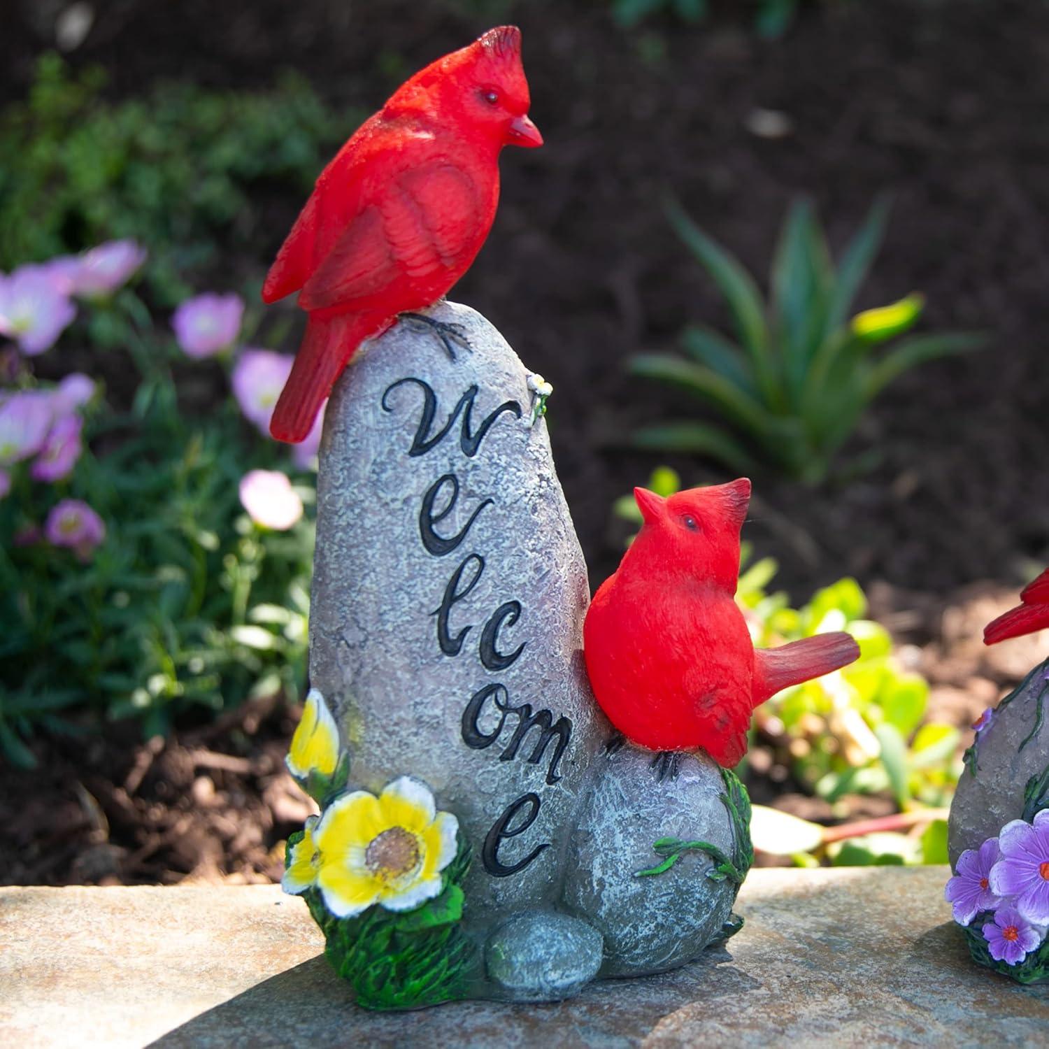 Exhart Exhart Solar Cardinals On A Hand Painted Welcome Rock Garden Statuary, 12 Inches