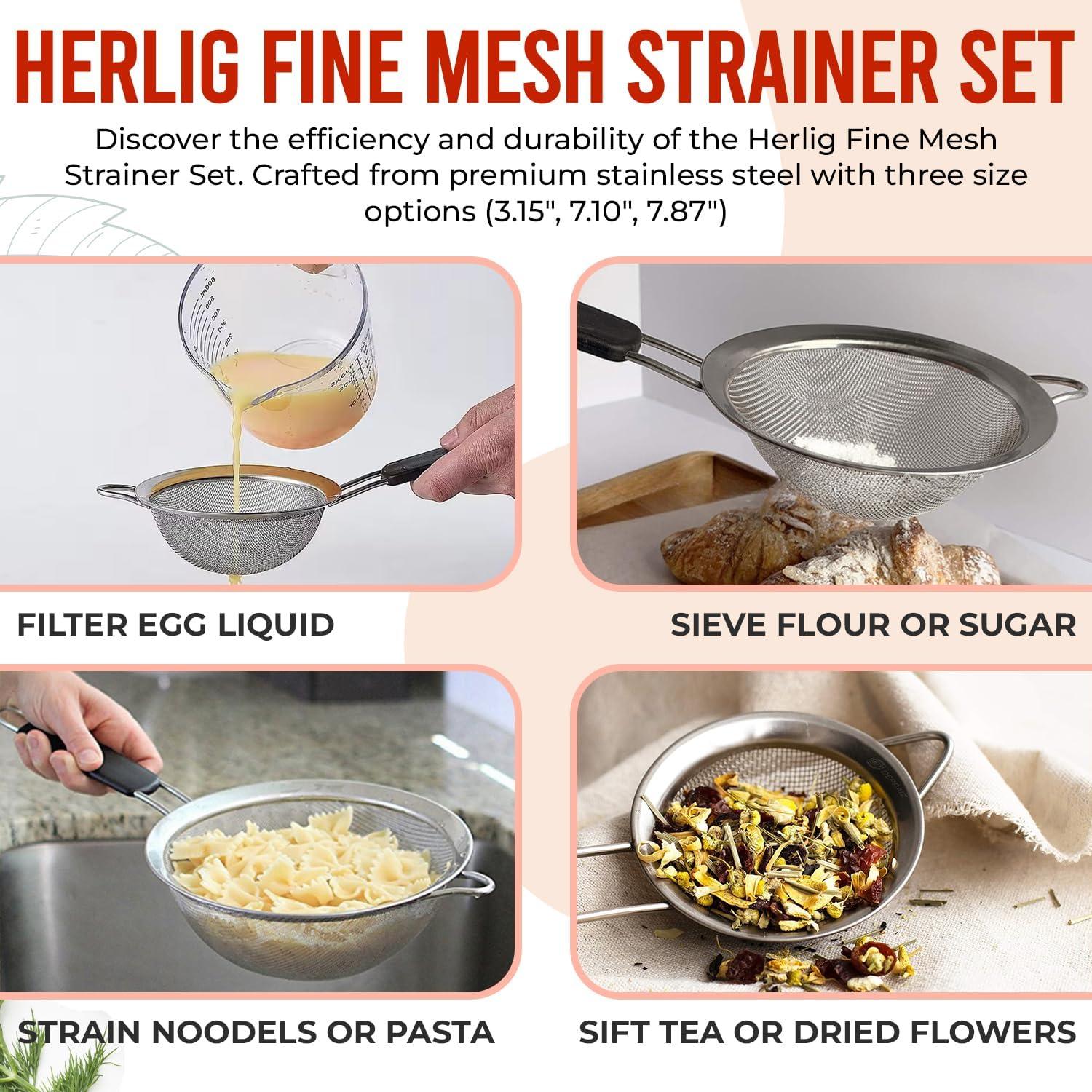 DEELLEEO Stainless Steel Fine Mesh Strainers. Set of 3 Graduated Sizes Strainer Wire Sieve with Insulated Handle for Kitchen, Cooking, Food Preparation. Premium Stainless Steel, Lightweight