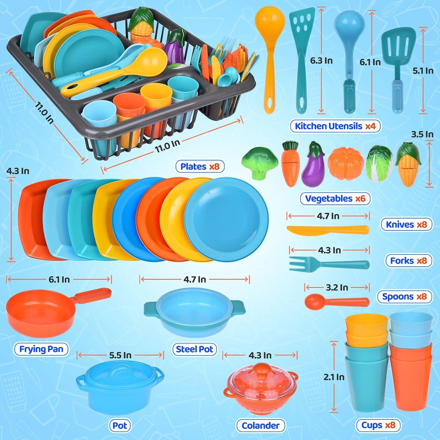 Fun Little Toys 54Pcs Play Dishes Set for Kids Kitchen, Pretend Play Pots, Pans & Food Toys, Toddler Cooking Set