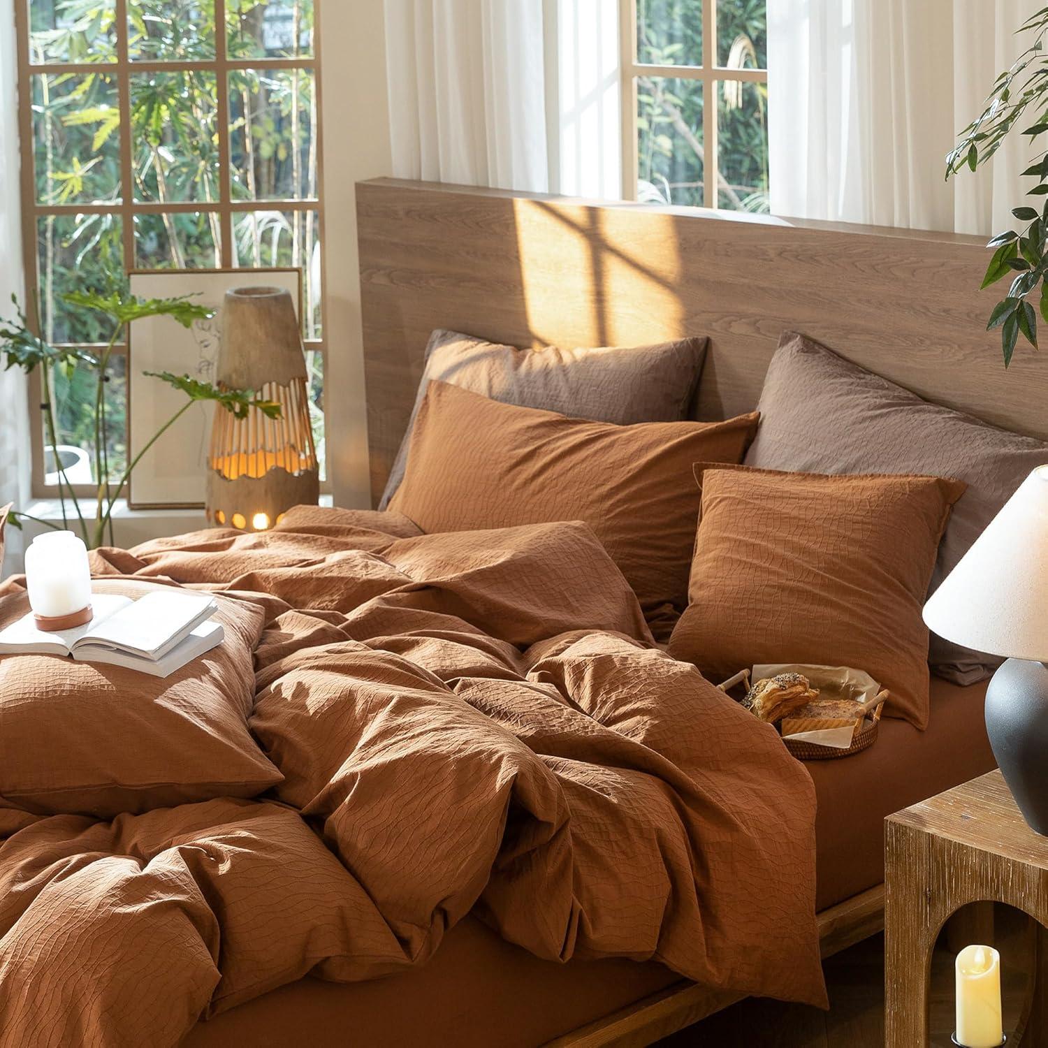 MOOMEE 100% Washed Cotton Linen Like Textured Duvet Cover Set