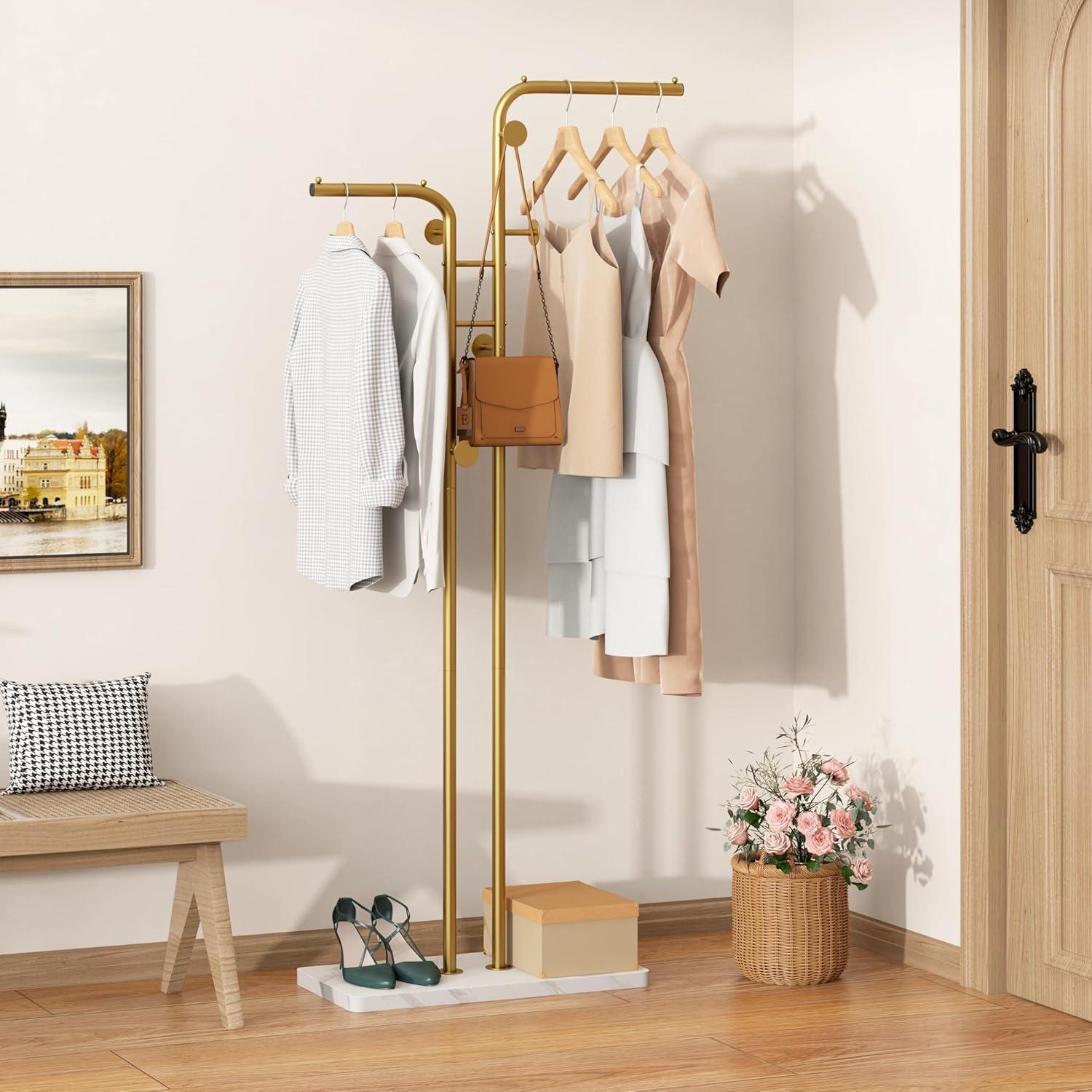 HOMEFORT Coat Rack, Freestanding Metal Coat Racks, Double-pole Clothes Hat Stand with 5 Hooks for Closet, Bedroom, Entryway, Living Room, Gold