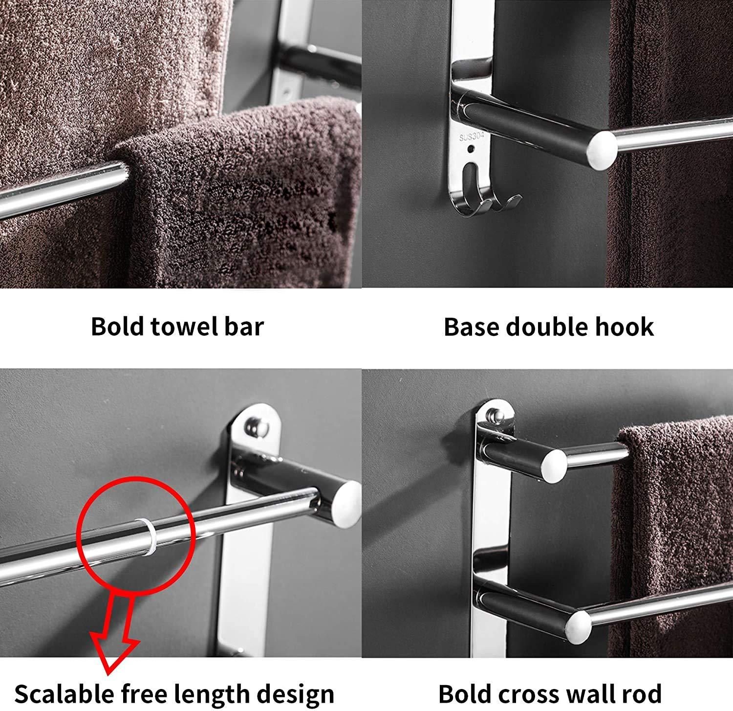 Towel Bars Hanger Freely Retractable 20-30 Inche Stainless Steel 304 Bath Rack Strong 3M Adhesive Bathroom Wall Free mounting Hole-Installing washroom Kitchen Space Saving 3 Bars