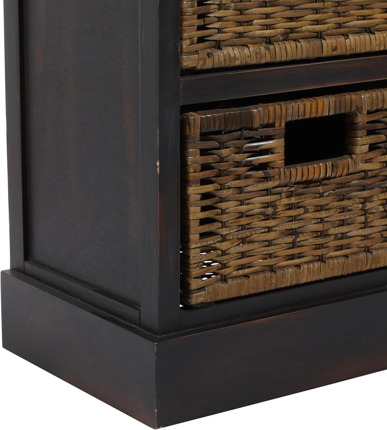 Dark Brown Wood Side Chest with Jute Baskets and Drawer