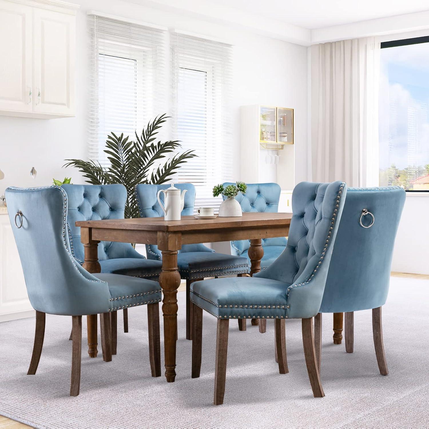 SoarFlash Velvet Dining Chairs Set of 6, Tall Back Side Chair, Modern Upholstered High-end Tufted Side Chair with Button Back Ring, Solid Wood Legs (Sky-Blue)