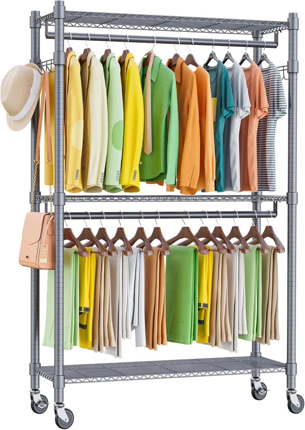 Gray Industrial Metal 3-Shelf Rolling Garment Rack with Hooks