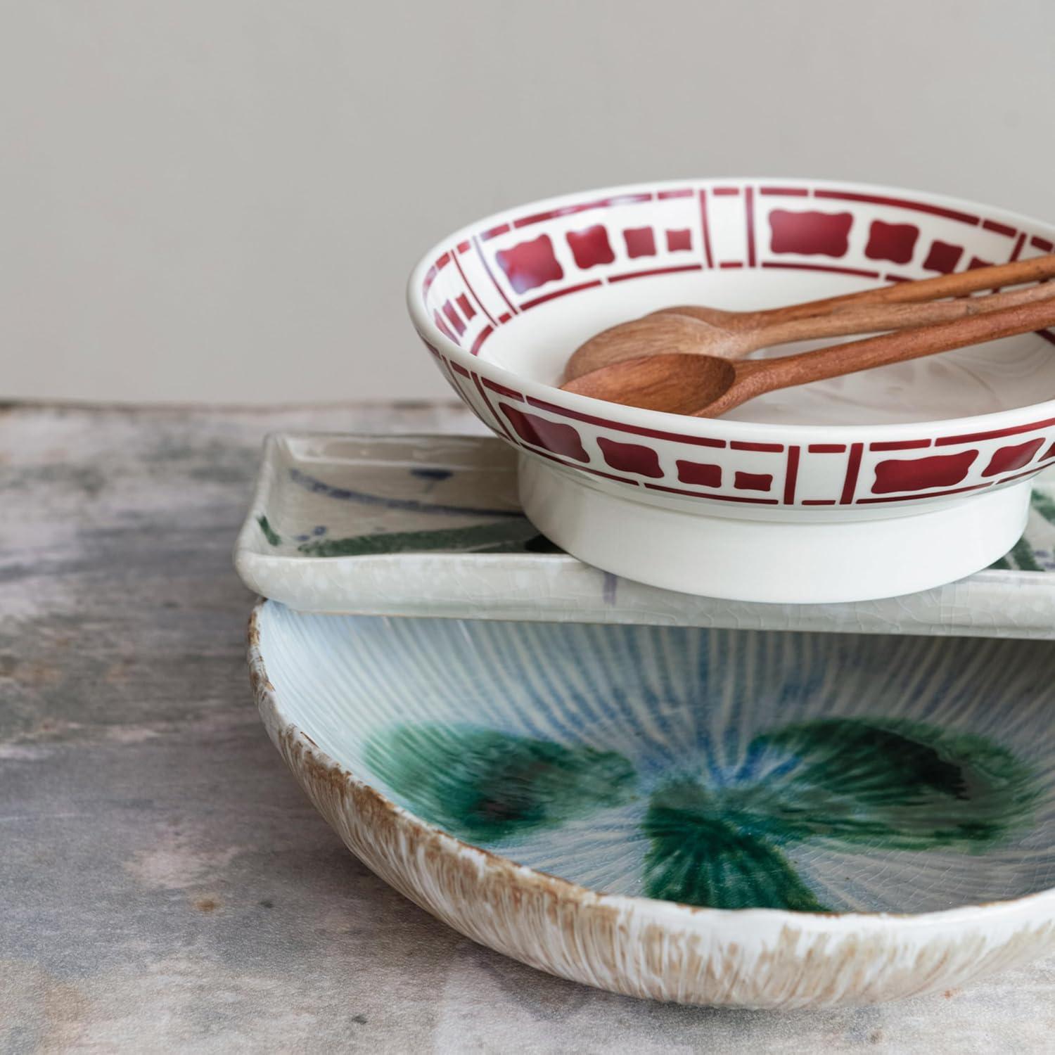 Green and White Ceramic Serving Bowl with Reactive Glaze