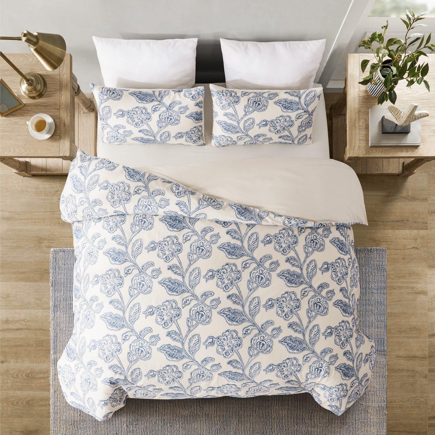 Queen Blue Cotton Jacquard Floral Duvet Cover Set