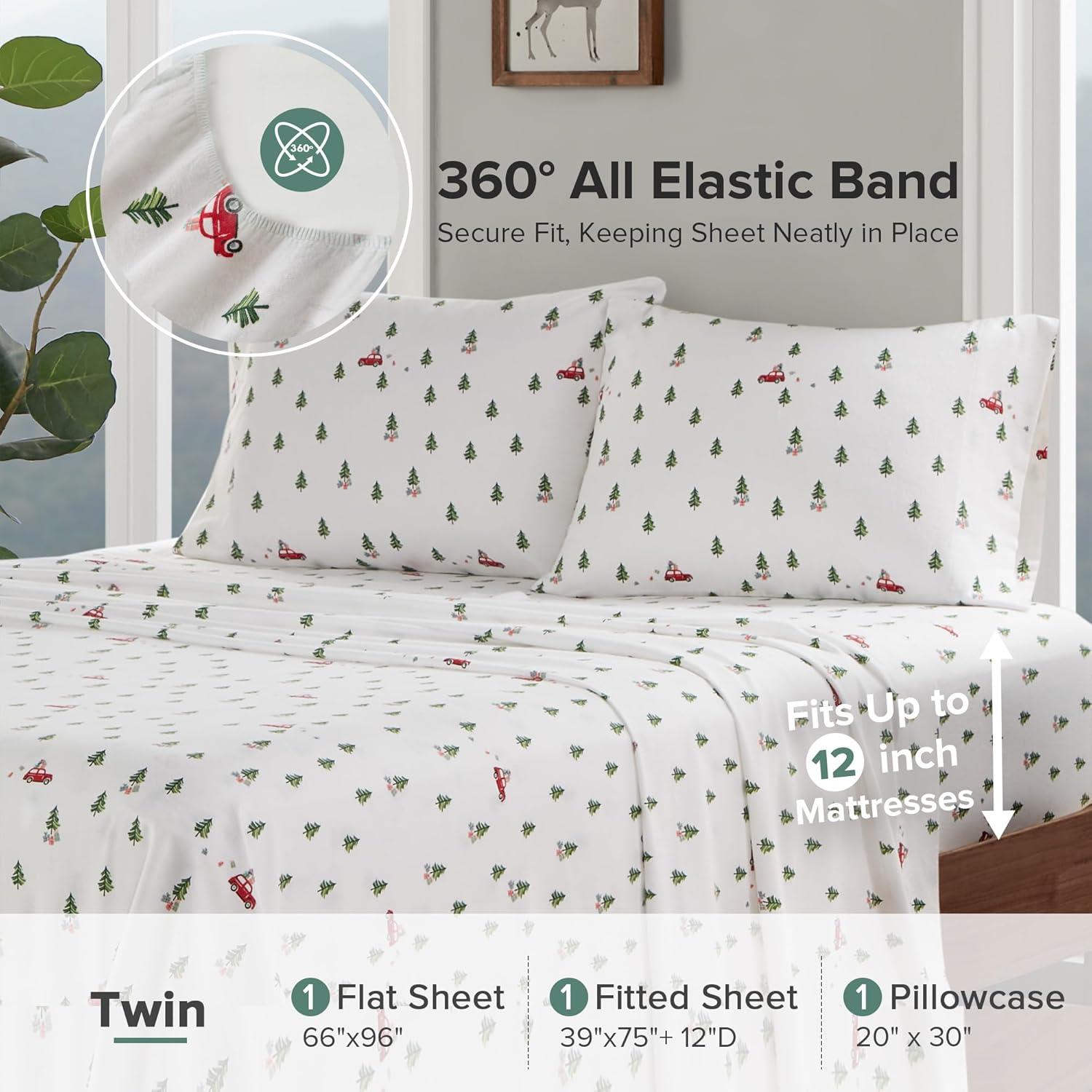 Twin Cotton Flannel Green Tree Trip Plaid Sheet Set