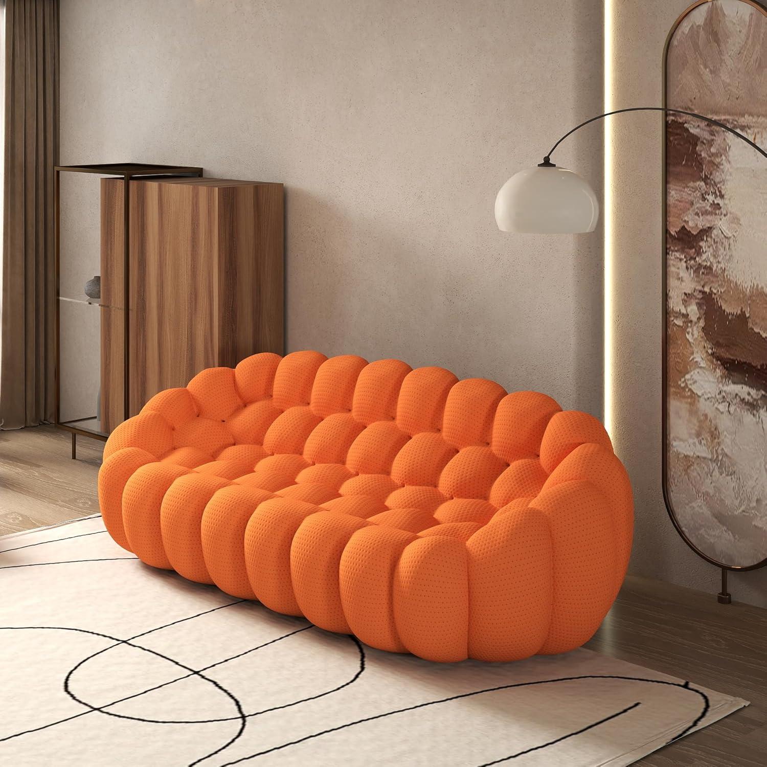 Bubble Couch, 98.43'' Modern 3-Seater Lazy Floor Couch, Memory Foam Bubble Round Sofa 3D Honeycomb Shape Curved Sofas for Living Room, Office, Apartment (Orange)