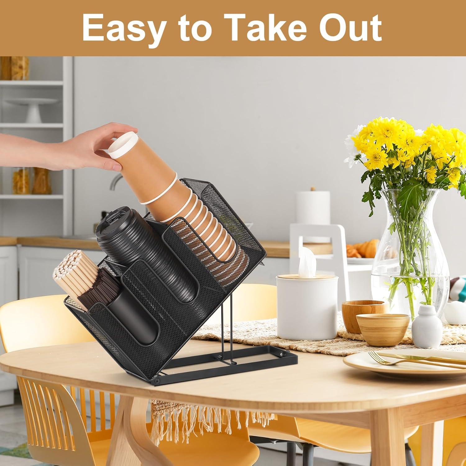 Paper Cup and Lid Holder with Straw Organizer, Disposable Coffee Cup Dispenser for Countertop Coffee Station Bar Restaurant Breakroom, Black