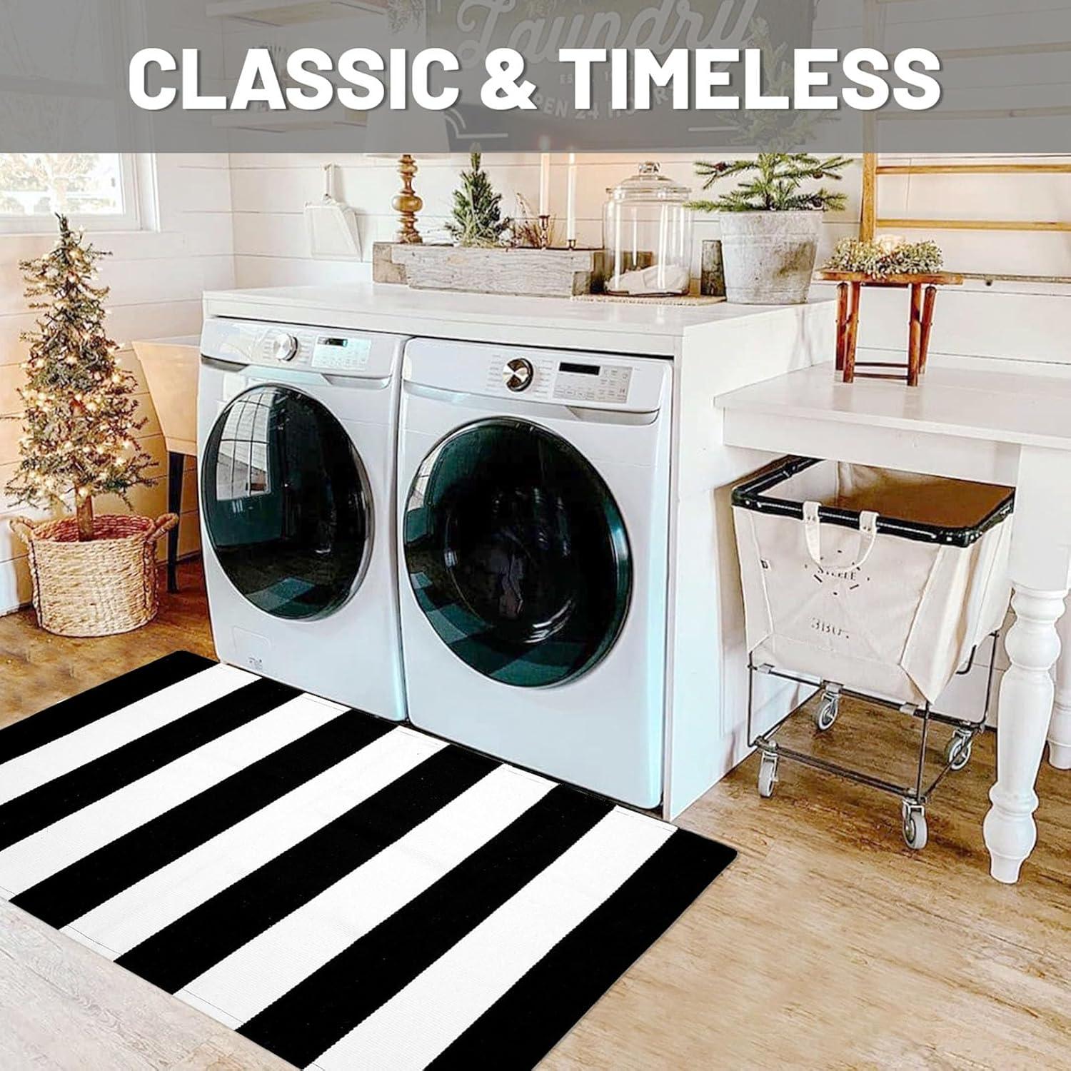 IOHOUZE Navy and White Striped Rug 2'x3' Front Door Rugs, Small Washable Area Rug for Front Porch, Spring Summer Doormats Outdoor Indoor, Cotton Rugs for Entryway Porch Entrance