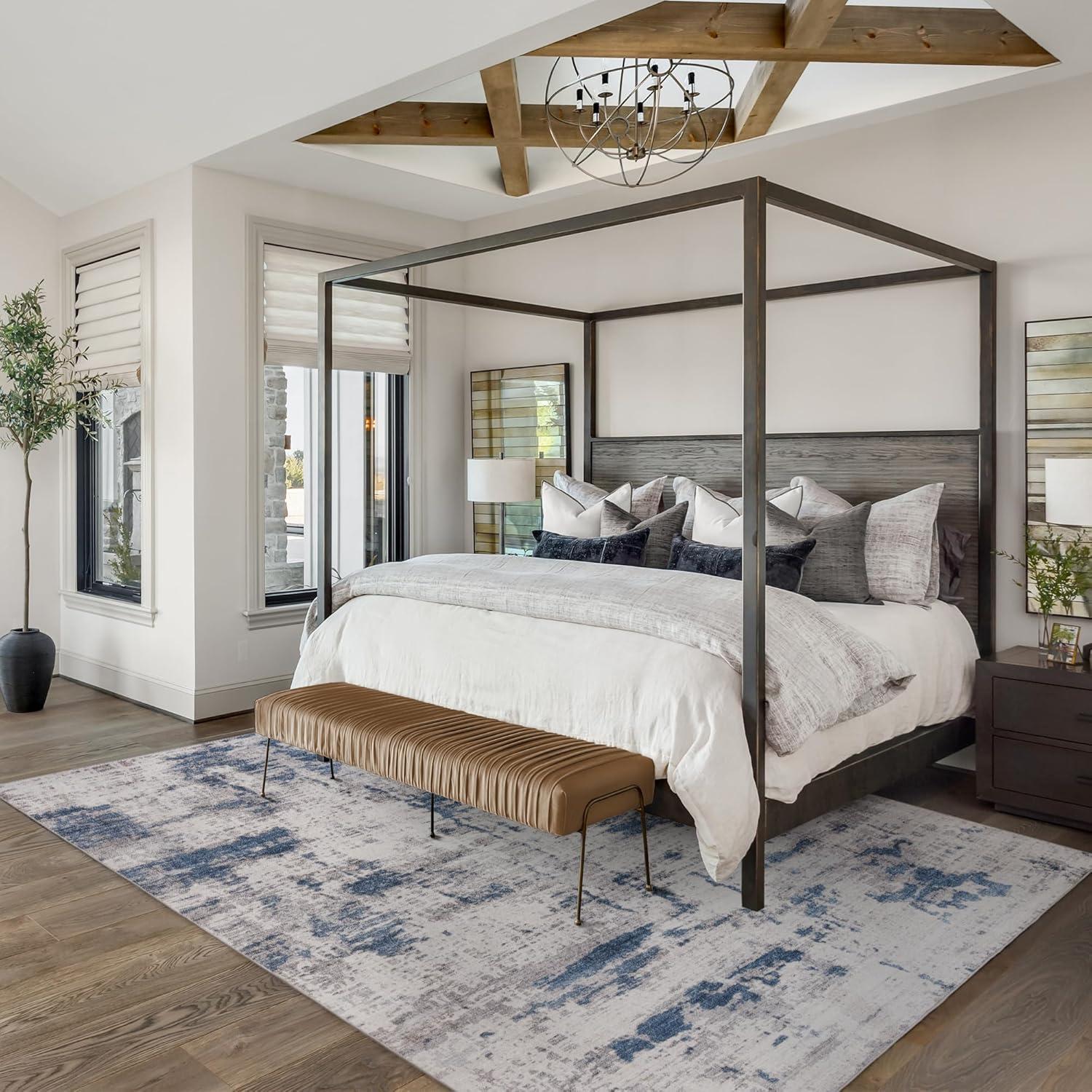 Gertmenian Gertmenian Crystal Print Cenis Blue Ivory Cream Washable Flat Pile Modern Abstract Indoor Area Rug