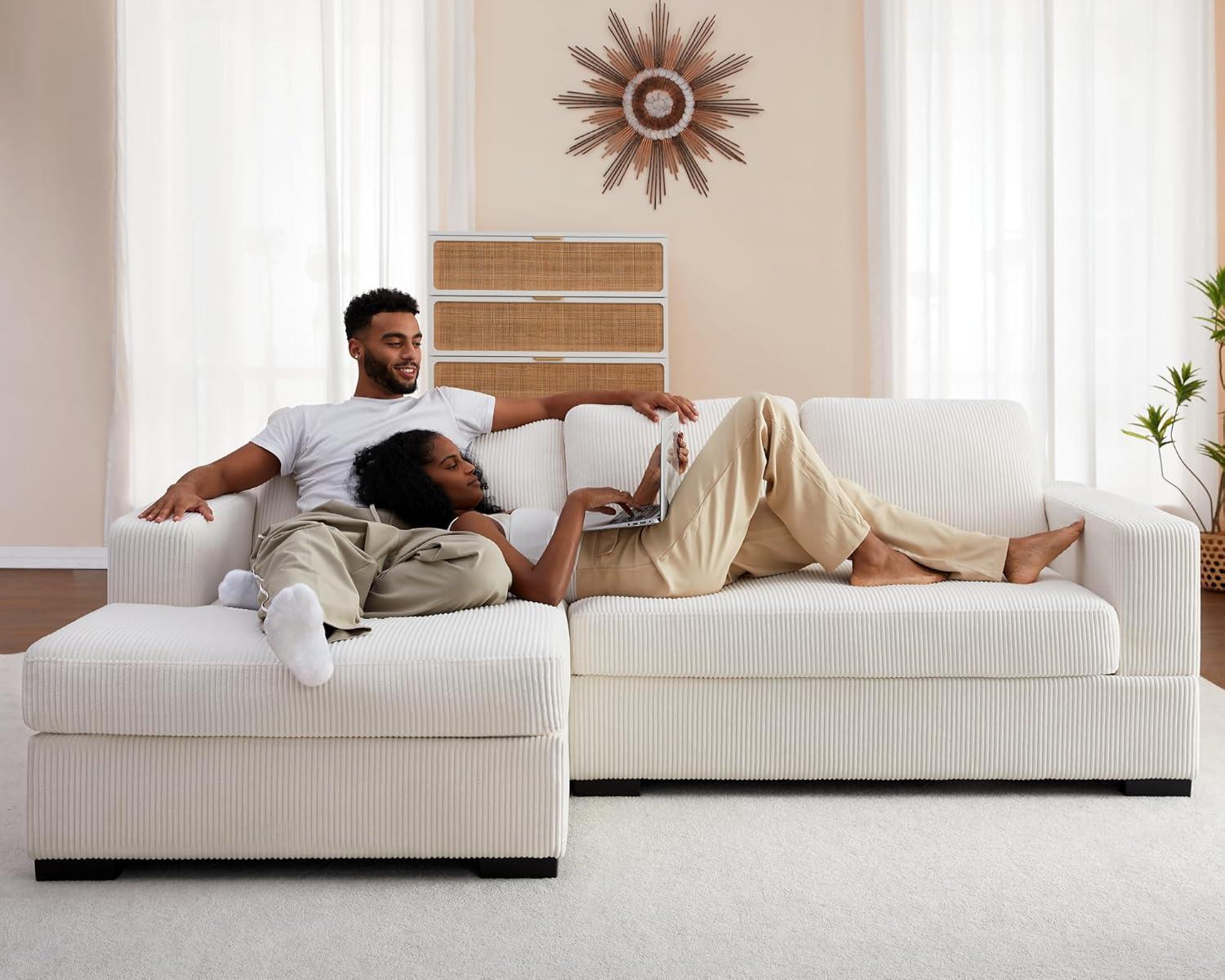 VANACC 96 inch Oversized Sectional Sofa, Comfy Sofa Couch with Right Chaise, White Corduroy Sofa