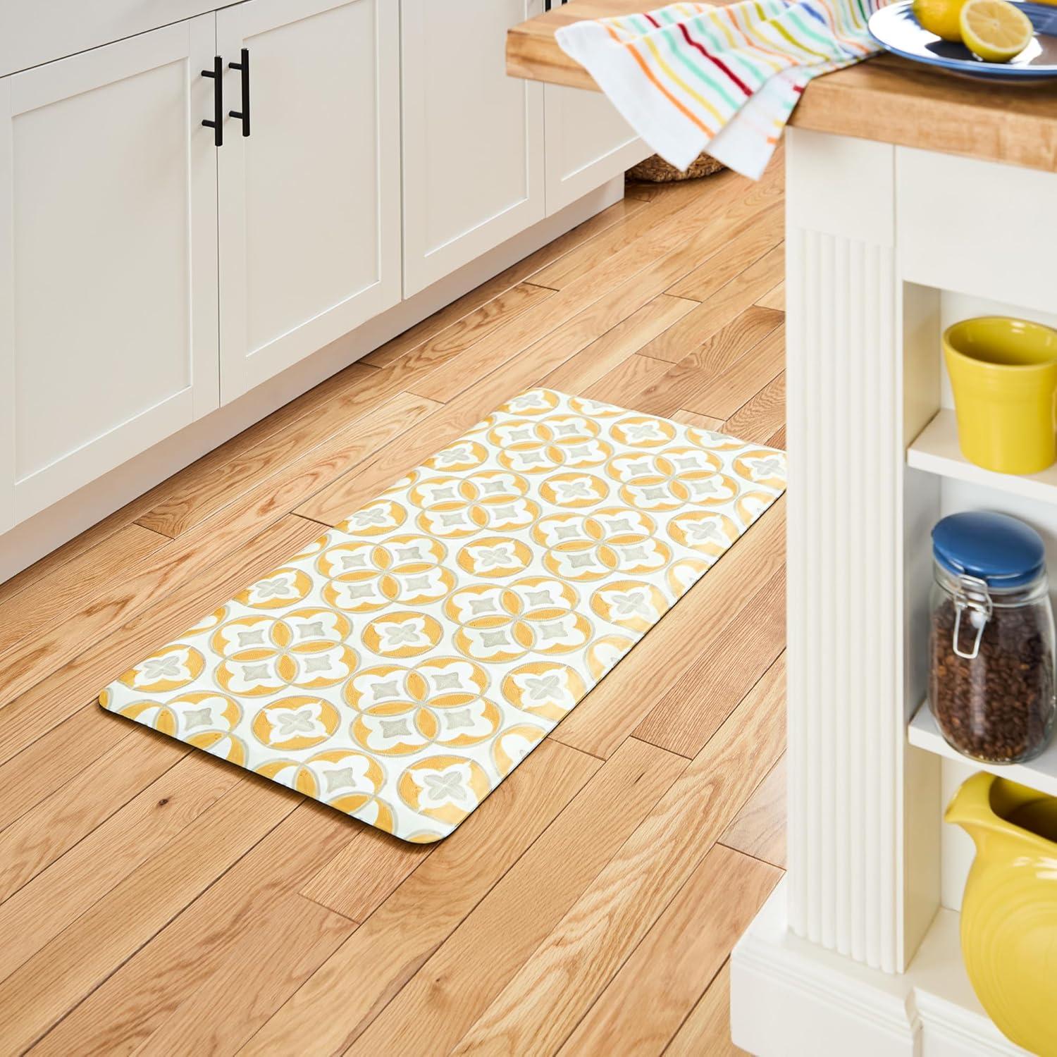 FIESTA Mali Tiles Geo Trellis Anti-Fatigue Comfort Kitchen Mat, Non-Slip Floor Mat, Padded Standing Desk Mat, Yellow/Grey/White, 20"x39"