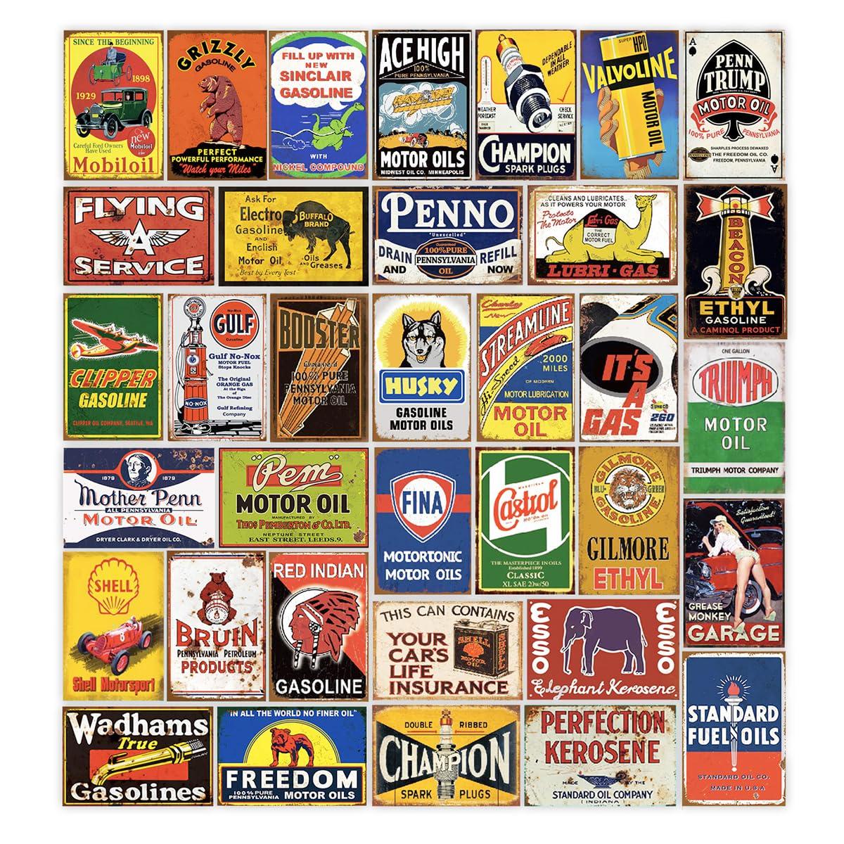 Reproduced Vintage Tin Sign Pack, Gas Oil Retro Advert Antique Metal Signs for Garage Man Cave Bar Kitchen, Nostalgic Car Decor, 8x12 Inch (35 Pieces A)