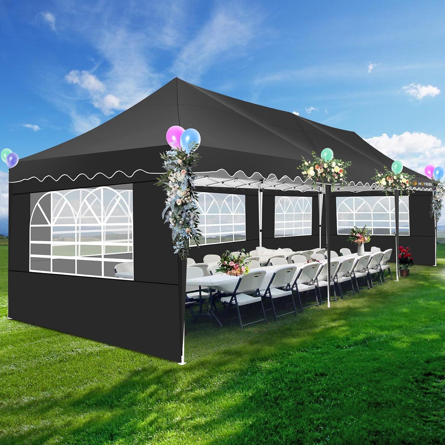 HOTEEL 10x30 Pop Up Canopy Tent with 8 Sidewalls,Heavy Duty Wedding Event Tents,Party Gazebo with Roller Bag,UPF 50+ Windproof Waterproof,Black