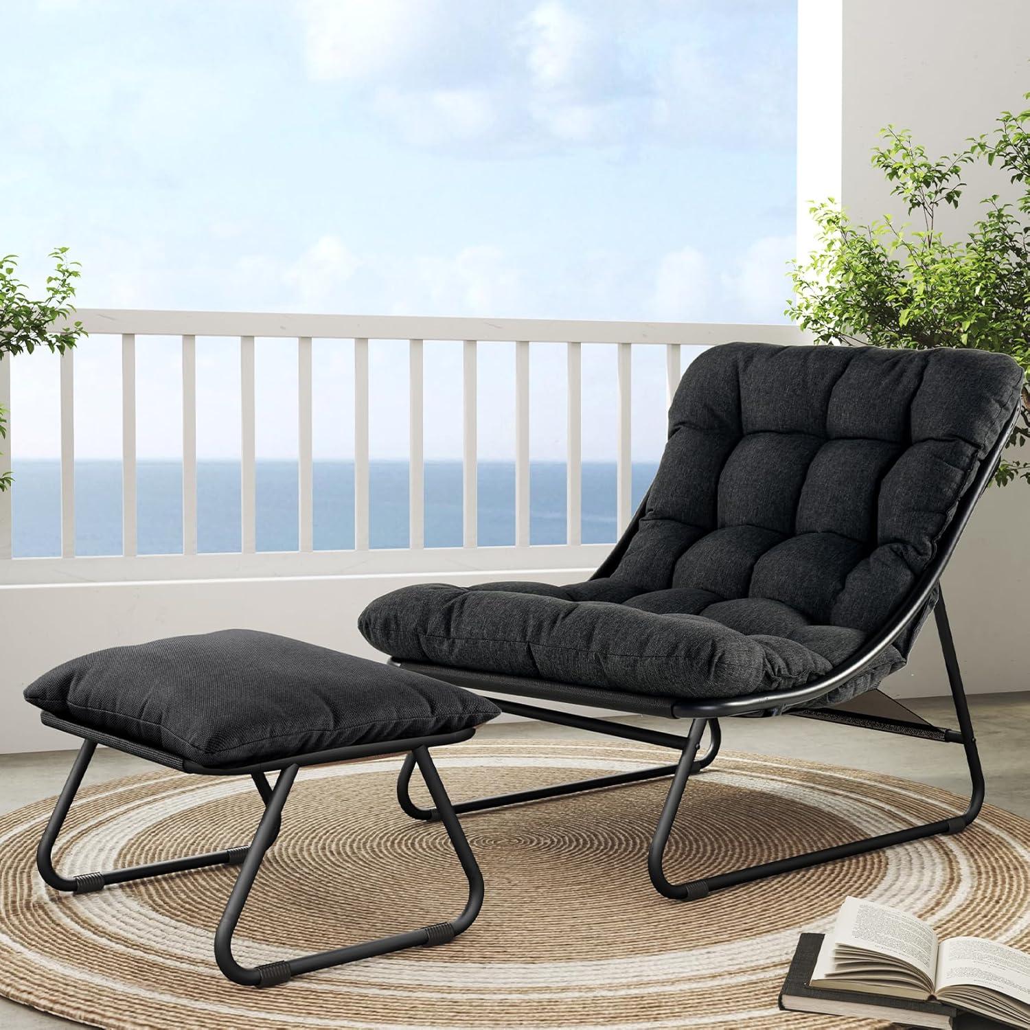 Grand Patio Outdoor Lounge Chair with Ottoman, Comfy Sling Recliner Chair with Puffy Cushion, Samba Modern Steel Patio Furniture Set for Porch Deck Garden Living Room, Champagne Gray