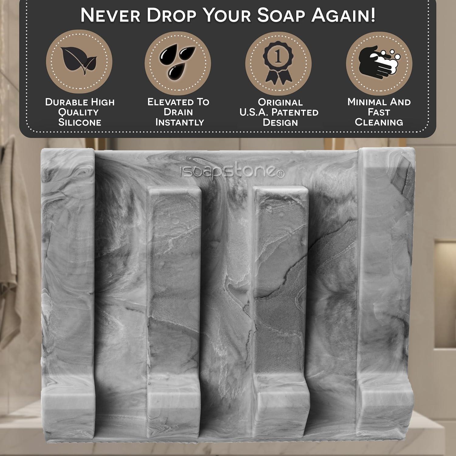 iSoapStone Premium Self-Draining Silicone Soap Dish: Waterfall Bar Holder Tray with Drain Saver, Anti-Slip Kitchen & Bathroom Accessory for Sponges and Bar Soaps - Patent-Pending Design (Light Grey)