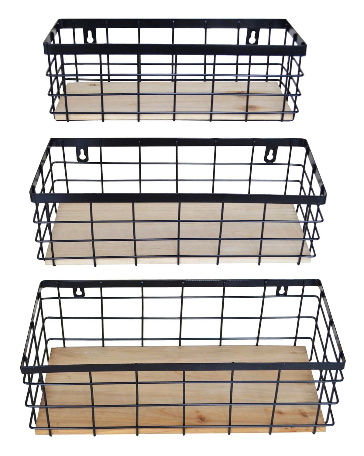 Metal Wire Basket Detachable Wood Base Storage Organizer Farmhouse Small Bins for Kitchen Cabinets, Bathroom, Pantry, Laundry Room, Closets Set of 2,Black Color