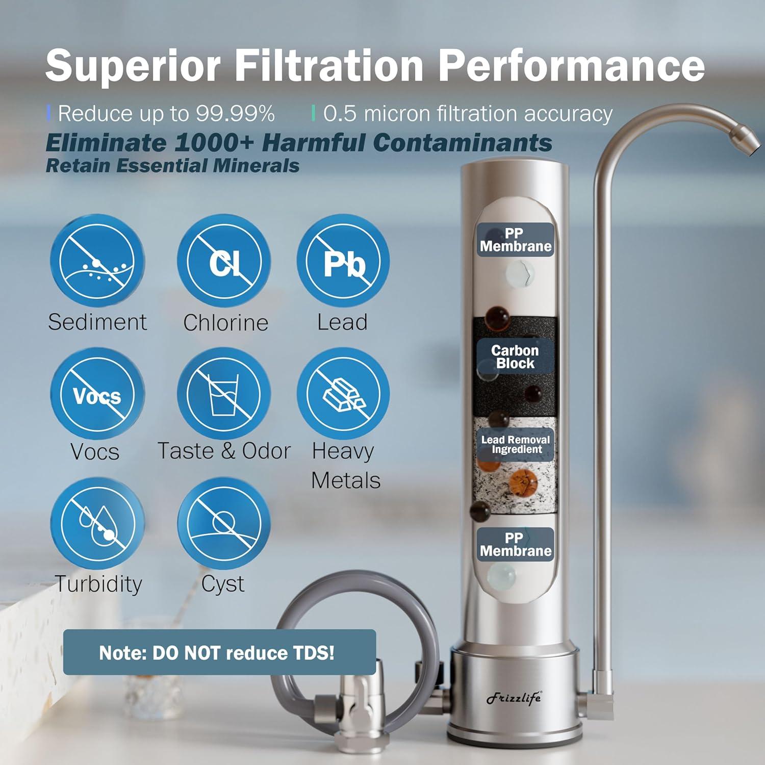 Frizzlife DS99 Dual Countertop Water Filter System, 8-Stage Stainless Steel Faucet Water Filtration System