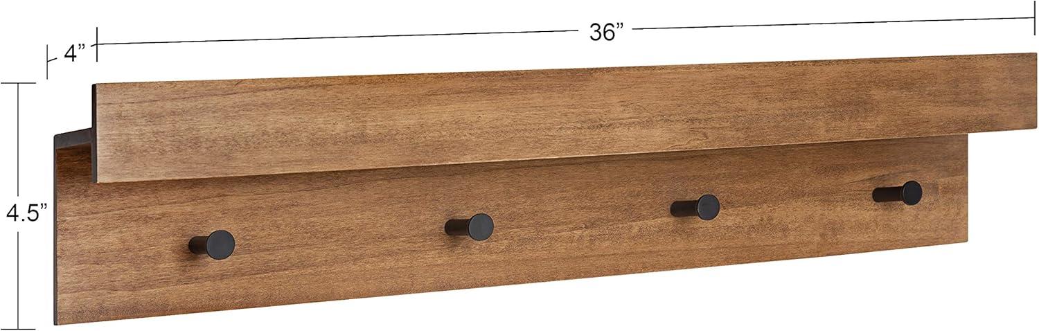 Natural Wood Wall Shelf with 4 Black Knobs