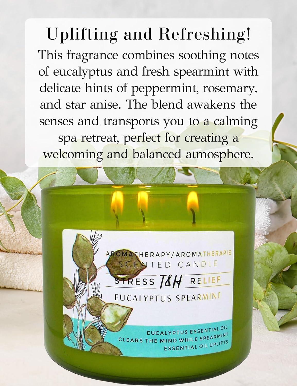 T&H Wholesalers Eucalyptus Spearmint Scented Soy Candle 3 Wick Aromatherapy Candle for Women and Men