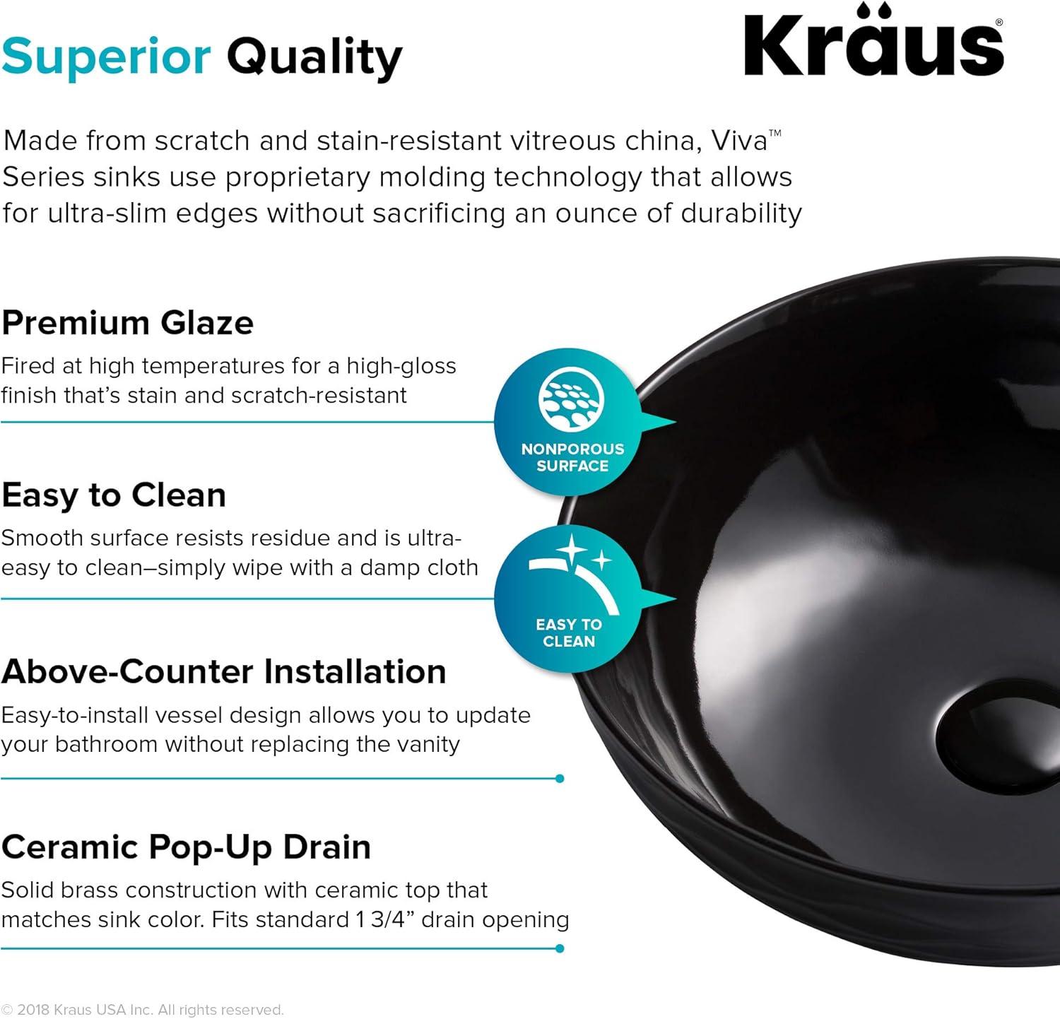 KRAUS Viva Thin Porcelain Ceramic Vessel Bathroom Sink with Pop-Up Drain