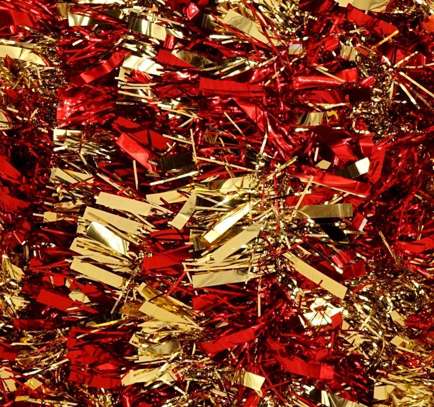 Tinsel Garland Metallic (2 Pack, 15 ft ea) Holiday Streamers Christmas Tree Decoration, Big and Thin Strands (Red Gold)