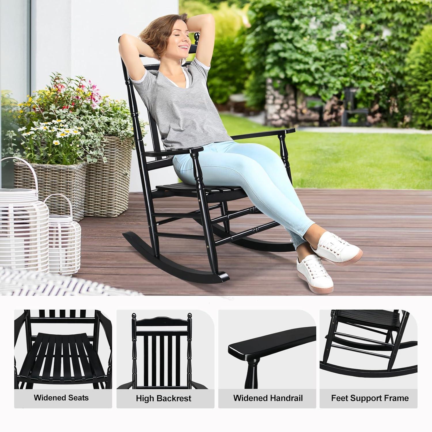 VINGLI Wooden Rocking Chair, Outdoor Chair with 450 lbs Support, Relaxing Rocker Solid with Wood High Back Seat Reclining Seat for Deck, Garden, Backyard, Porch, Indoor or Outdoor Use, Black