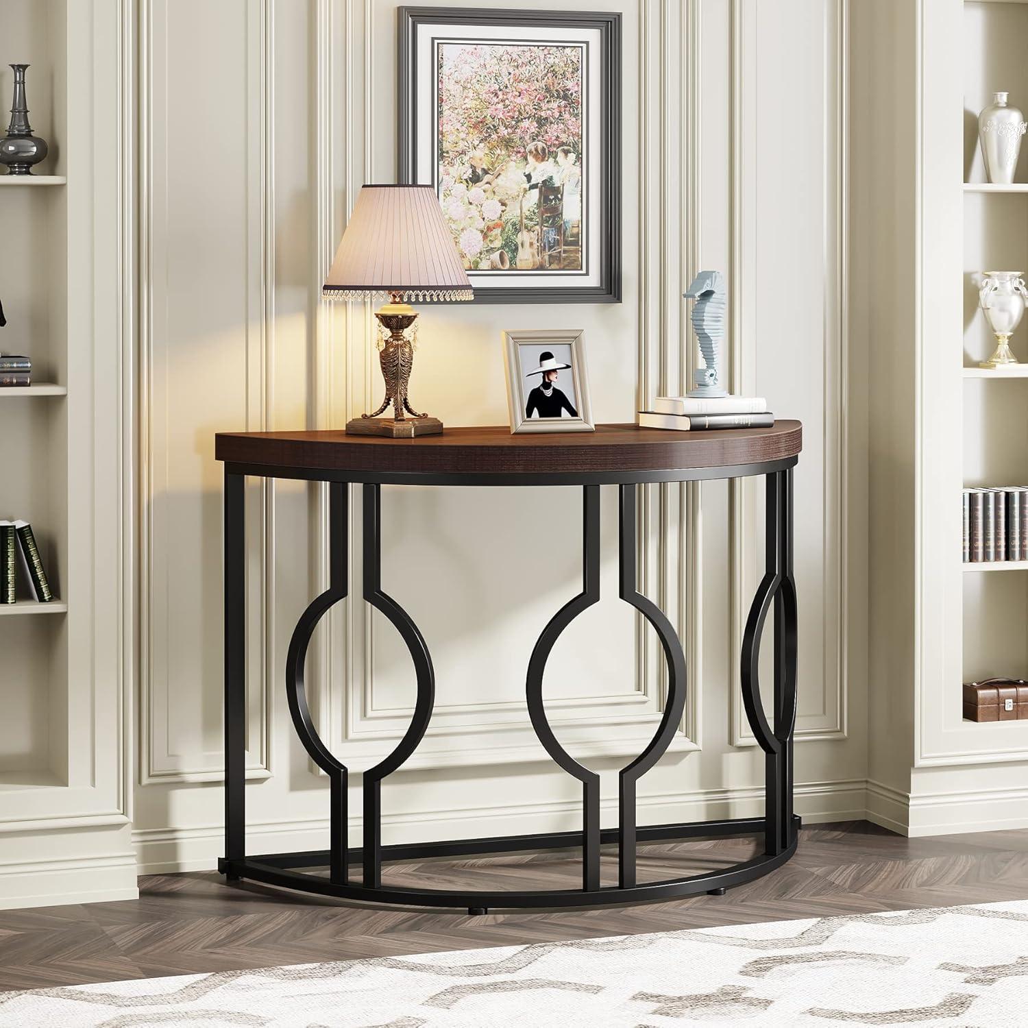 Rustic Brown and Black Demilune Wood and Metal Console Table