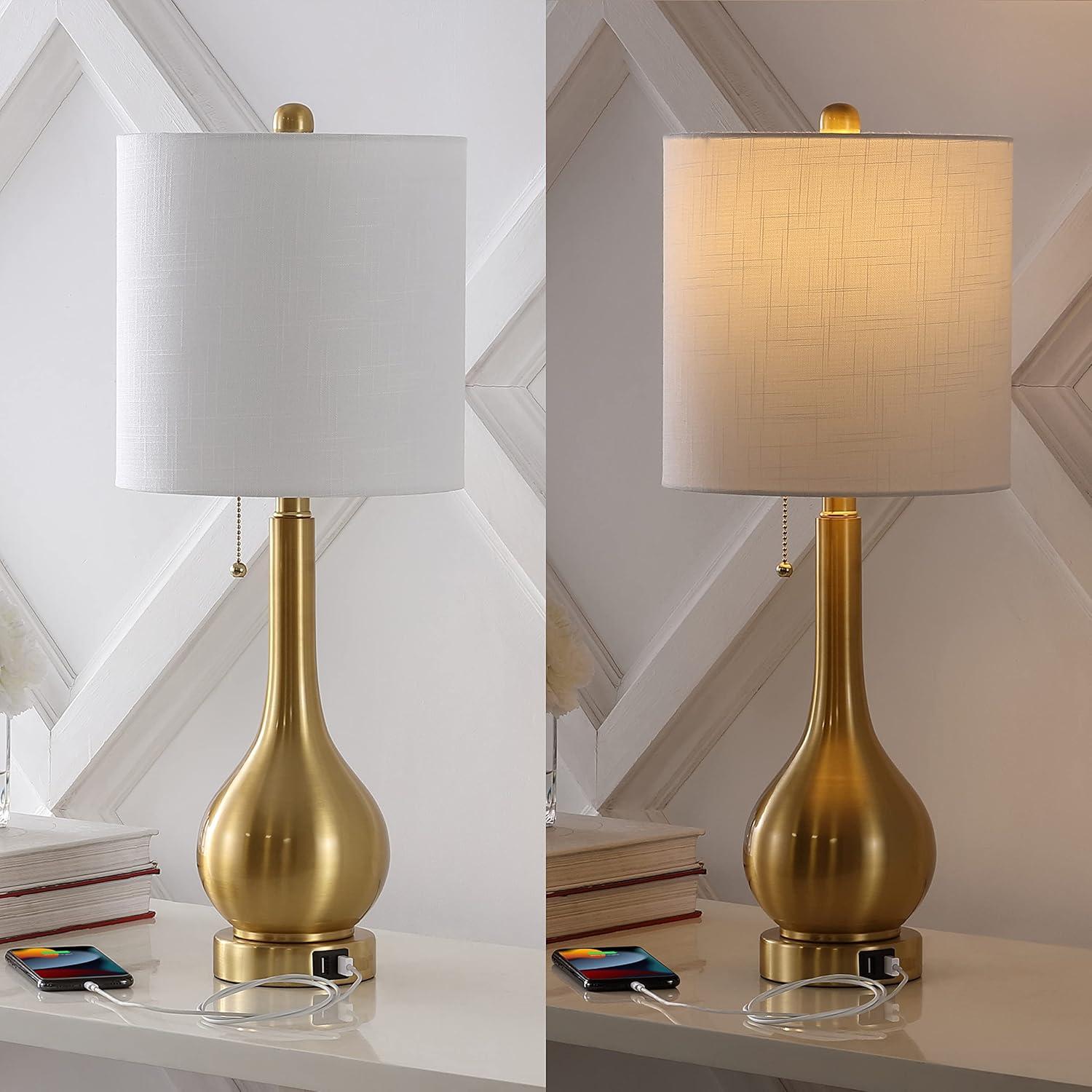 JONATHAN Y JYL1127C-SET2 Tyler 24" Modern Classic Gourd Iron LED Table Lamp with Pull-Chain with Dual USB Charging Port, for living room, dinning room Bulb Included, Brass Gold (Set of 2)