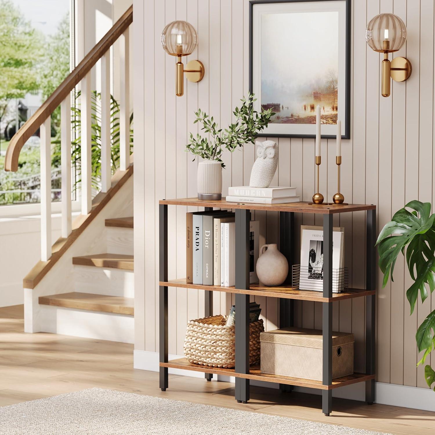 Tall Black and Brown 6-Tier Industrial Bookshelf